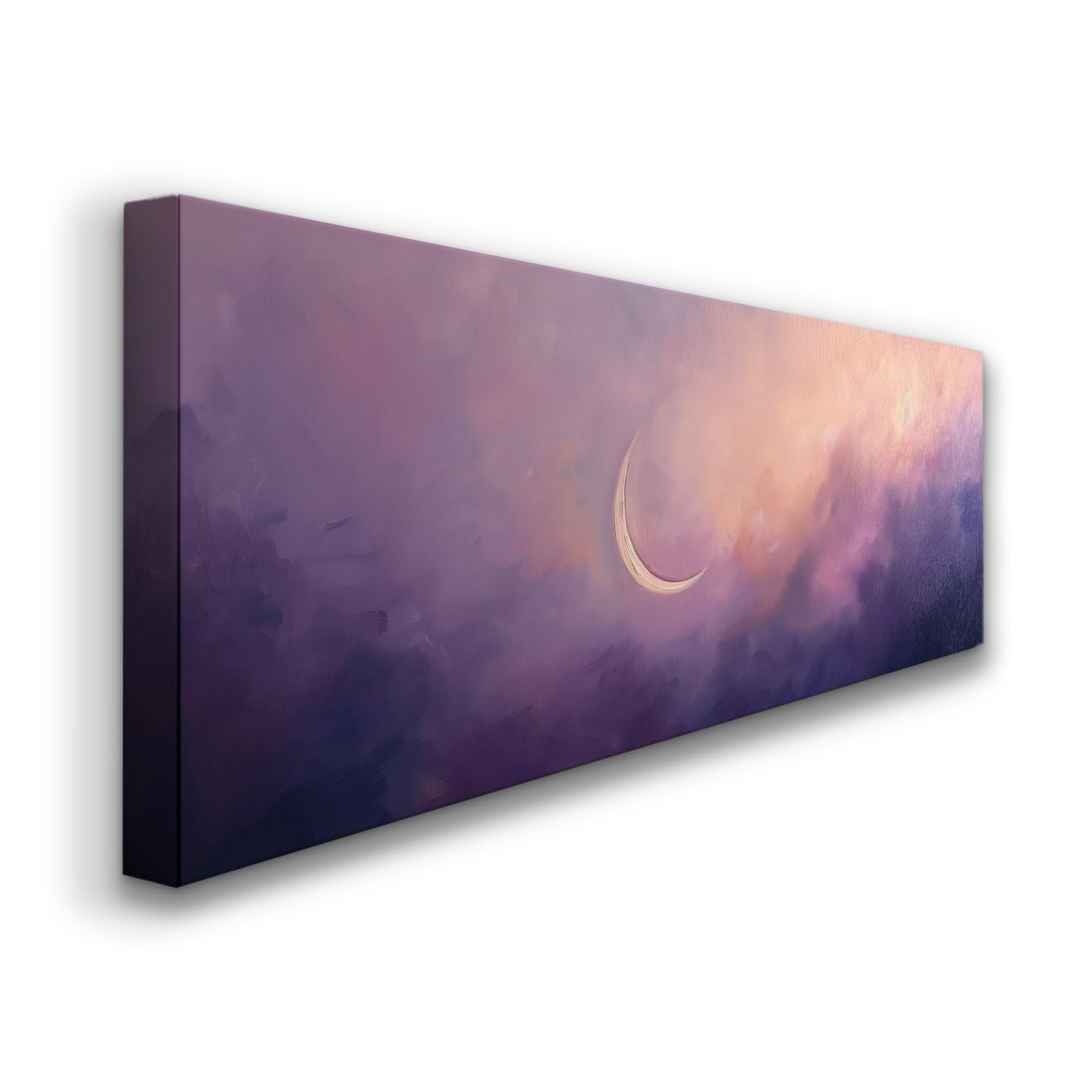 Długi poziomy obraz ścienny "Fioletowy półksiężyc" do sypialni, panoramiczny nadruk na płótnie "Lawendowe niebo", nastrojowa dekoracja chmury (55 x 165 cm/rama wewnętrzna)