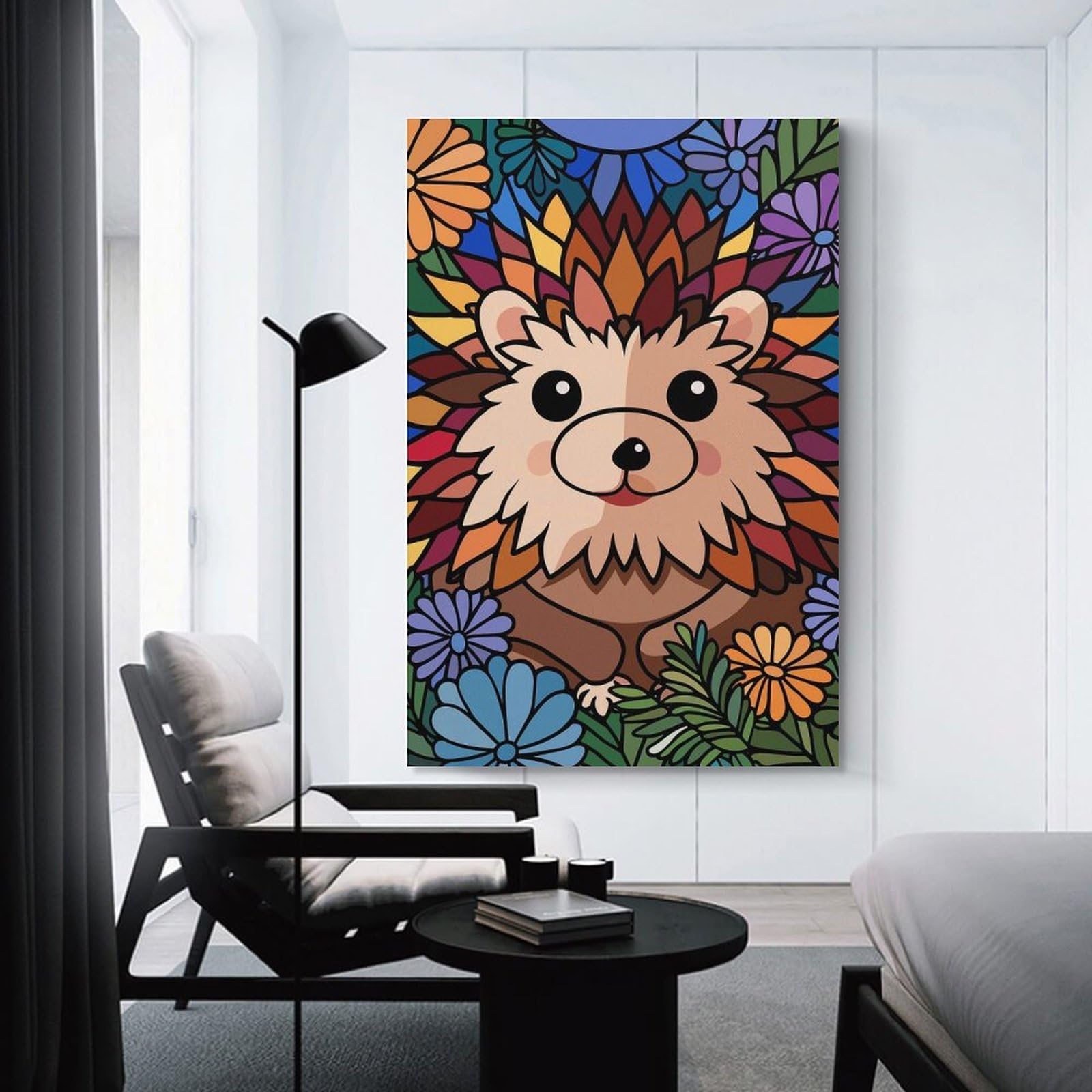 Junmoney Unframe-Style-23 Cute Hedgehog Surrounded By Flowers Decorative Wall Artwork, 24X36inch(60X90cm), For Home Lounge, Bedroom Or Reading Nook, Eye Catching Artwork For Blank Walls