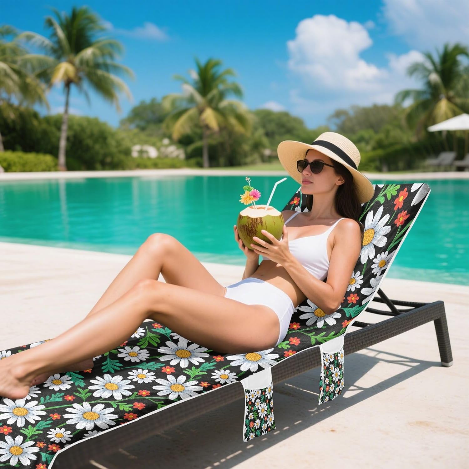 Colorful Daisy Floral Pattern Black Patio Lounge Chair Cover Soft Outdoor Chaise Lounge Cover with Pockets for Outdoor Sunbathing Trips, 85" X 30"