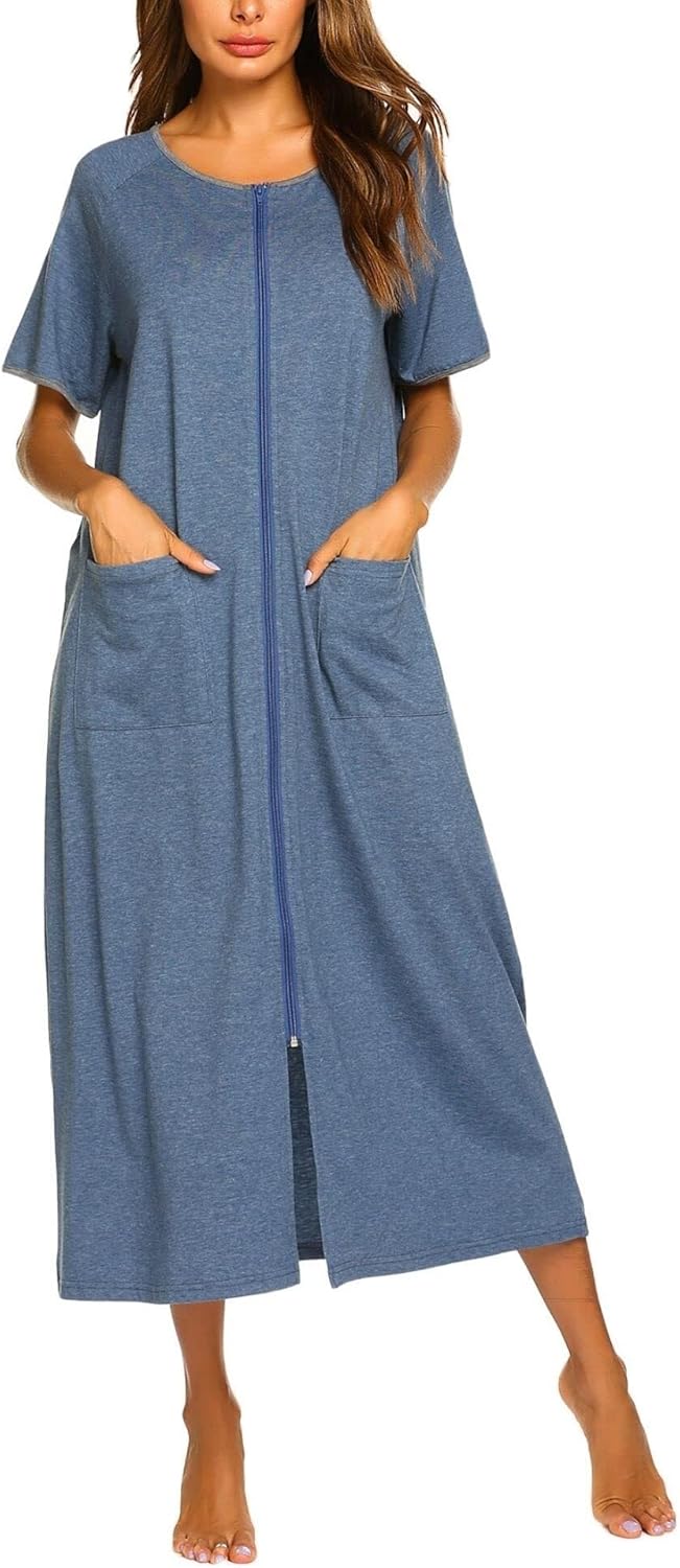 Ekouaer Women Robes Zipper Front Short Sleeve Full Length Housecoat with Pockets Loungewear S-4XL