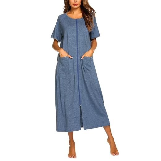 Ekouaer Women's Zip Front Stripe Long Robe Sleepwear