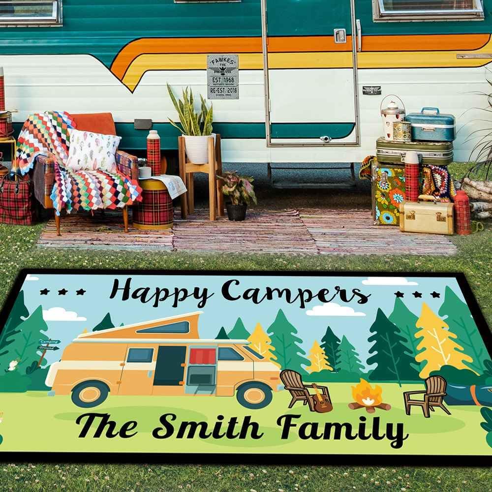 Custom Camping Rug Happy Campers RV Trailer Campsite Decor Forest Landscape Nature Camping Floor Mat for Outdoors, Patio, Backyard, Picnic, Beach, 48 x 72 Inch RV-15
