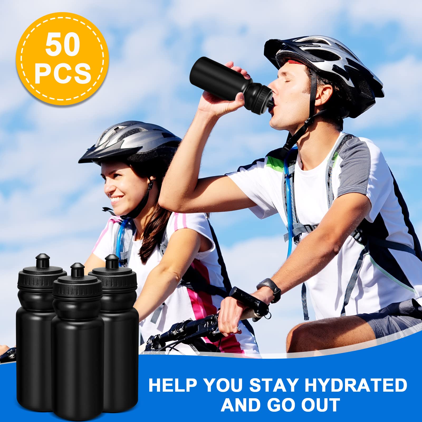 50 botellas de agua deportivas de 20 onzas, botellas de agua reutilizables a granel, botellas de agua de plástico sin BPA, botellas de agua en blanco para grandes eventos deportivos, niños, niñas y
