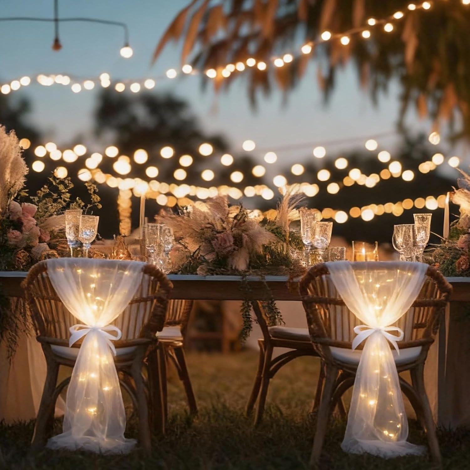 Tegeme 16 Pcs LED Wedding Chair Sashes 8ft Chiffon Chair Sashes with Built-in Warm String Lights Ribbon for Wedding Bridal Evening Ceremony Romantic Aisle Indoor Outdoor Party Decor(White)