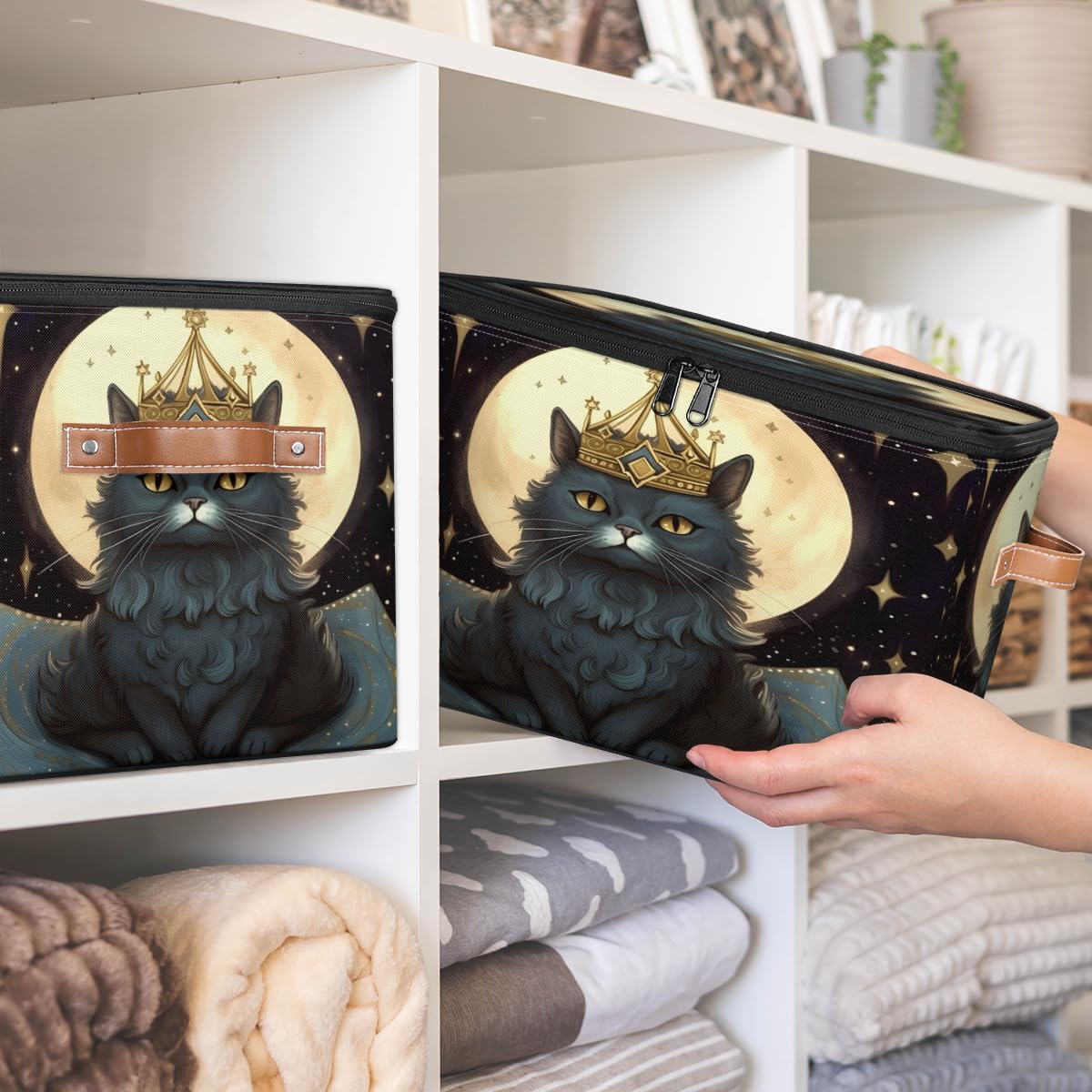 Storage Bin Set of 2 Cat Quuen Storage Basket with Zipper Lid & Handle Foldable Closet Shelf 2 Pack Cloth Organizer Basket Cube Bins Clothes Organizer for Bedroom, Nursery