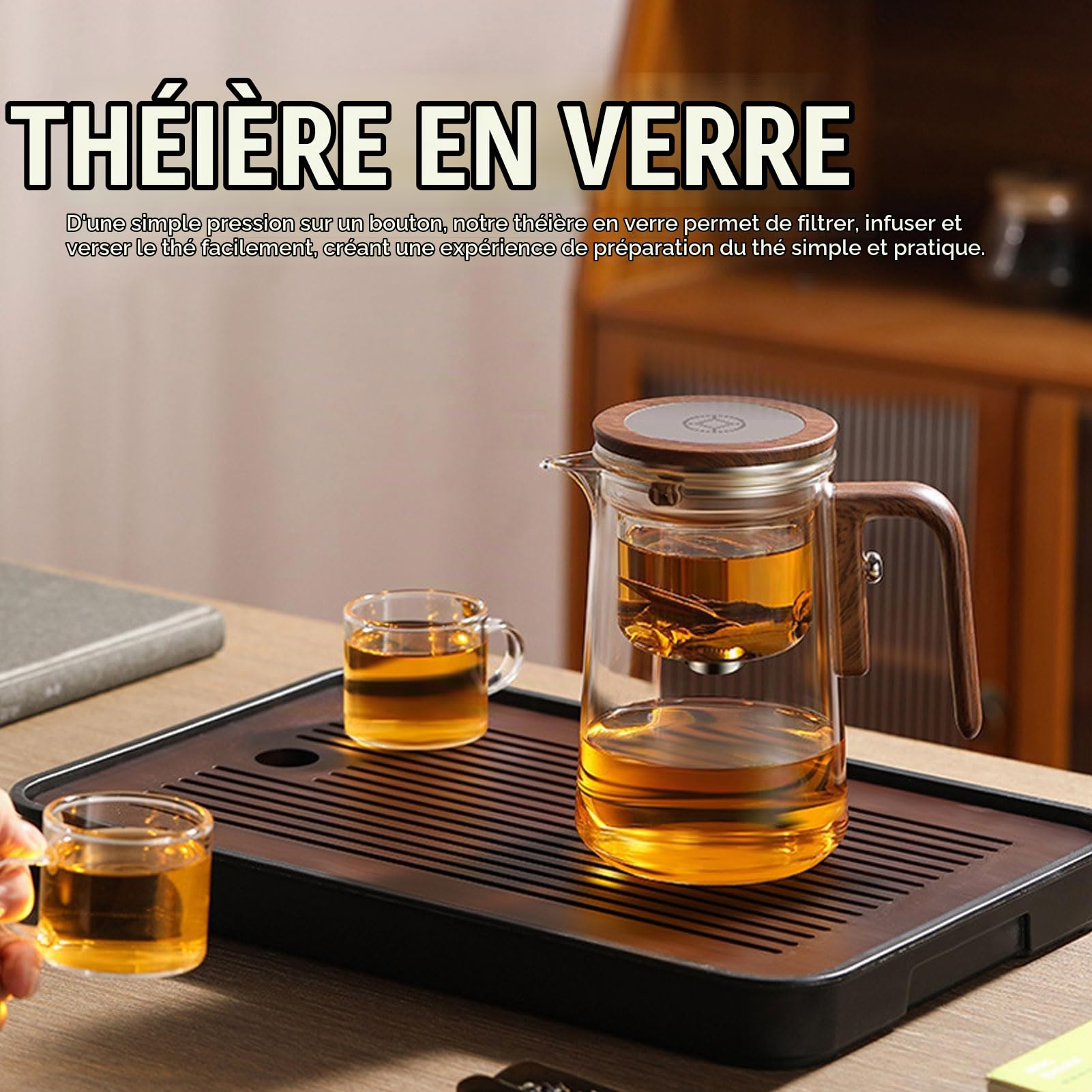 Théière, Théière en Verre de Séparation D'eau de 800 Ml avec Infuseur, Poignée en Bois, Interrupteur Magnétique, Théière en Verre Transparente, Bouilloire à thé pour la Maison