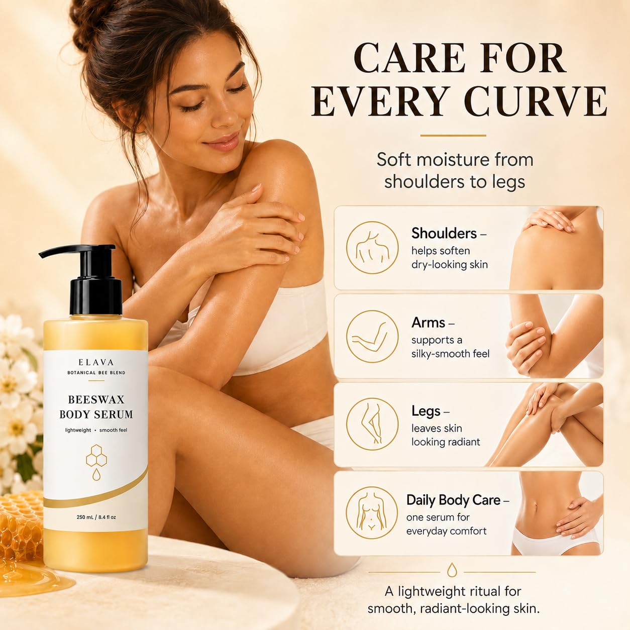 Bees Body Serum for Crepey Skin, Beeswax Body Serum for Dry Skin, Lightweight Wet Skin Formula, Waterless Body Oil Moisturizer with Avocado Oil, Castor Oil & Shea Butter, 8 fl oz