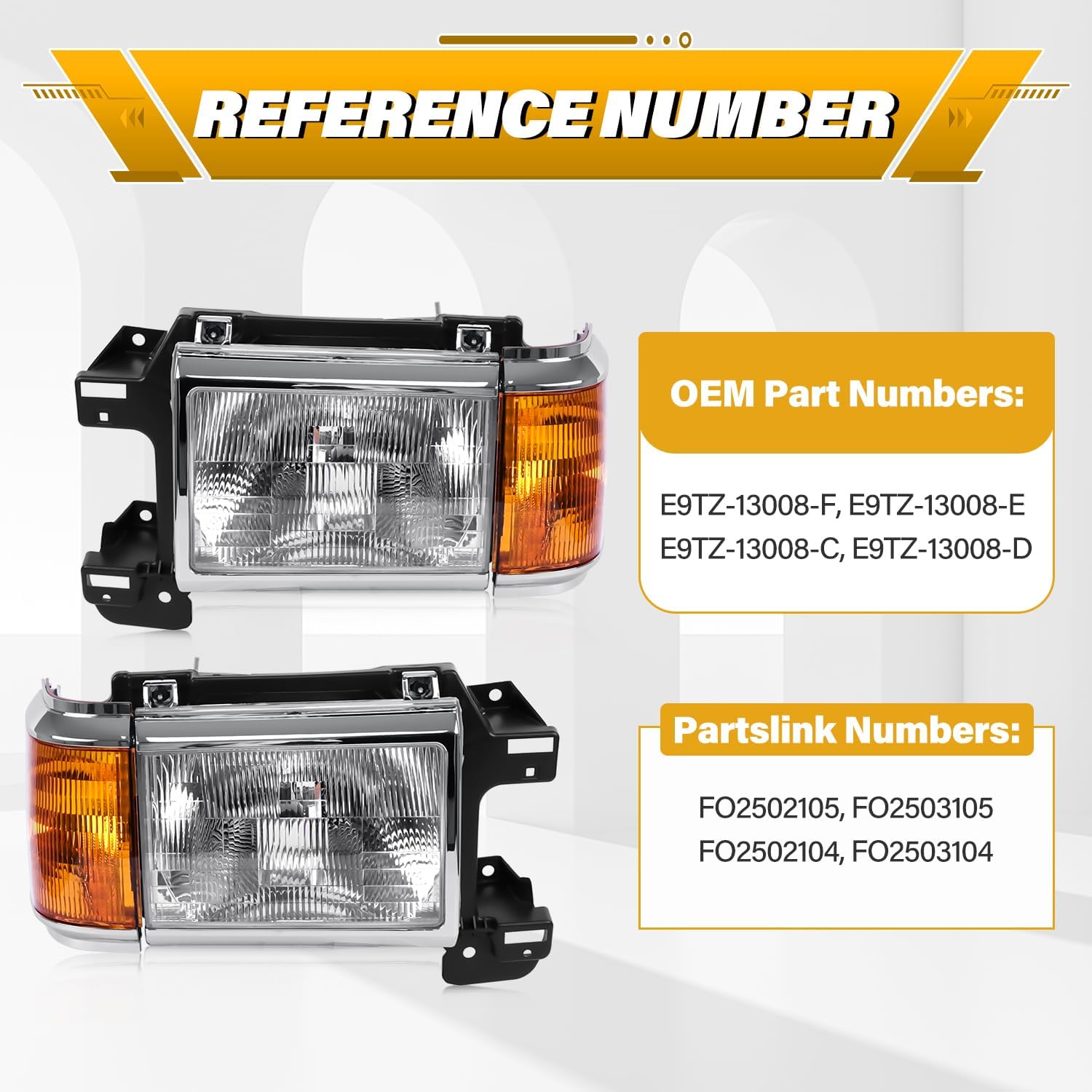 Headlight Assembly Compatible with Ford Bronco F150 F250 F350 F450 Truck 1987-1991 Halogen Type Head Lamp, OE-Style Headlight Replacement for E9TZ13008C E9TZ13008D, Chrome Trim Pair