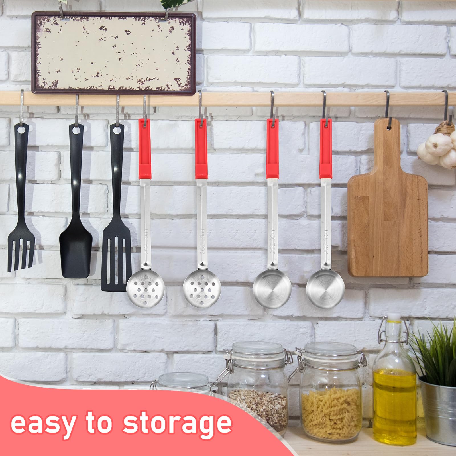 Teenyyou Juego de 8 cucharas de servir para control de porciones, cucharas de porción, cucharas de acero inoxidable sólido y ranurado para alimentos, juego de utensilios de servir para fiestas (rojo,