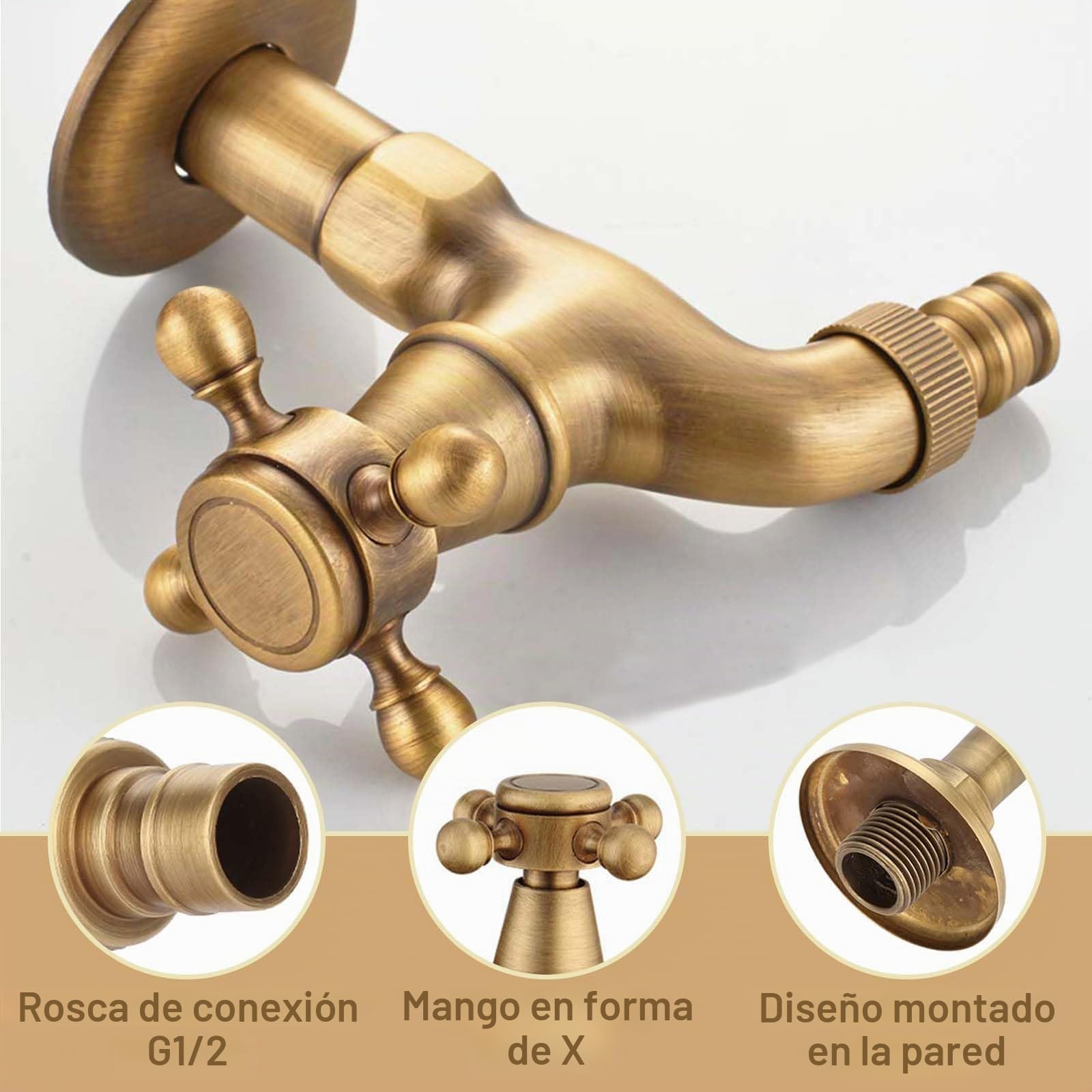 GrifodeLatón Macizo Vintage,Grifodelatónmontado en la pared,Grifodelatón macizo G1/2,grifo jardin laton,grifo jardin rustico,Vintage Grifo de la lavadora con rollo de cinta de sellado