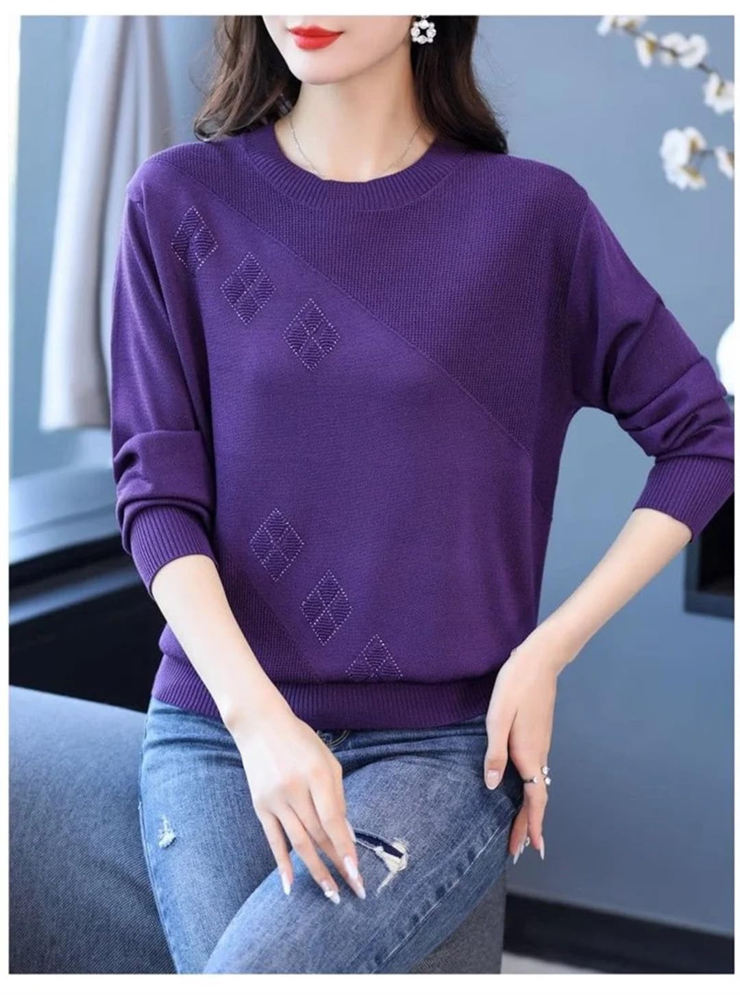 Maglione da donna lavorato a maglia con scollo rotondo allentato sottile pullover in stile occidentale
