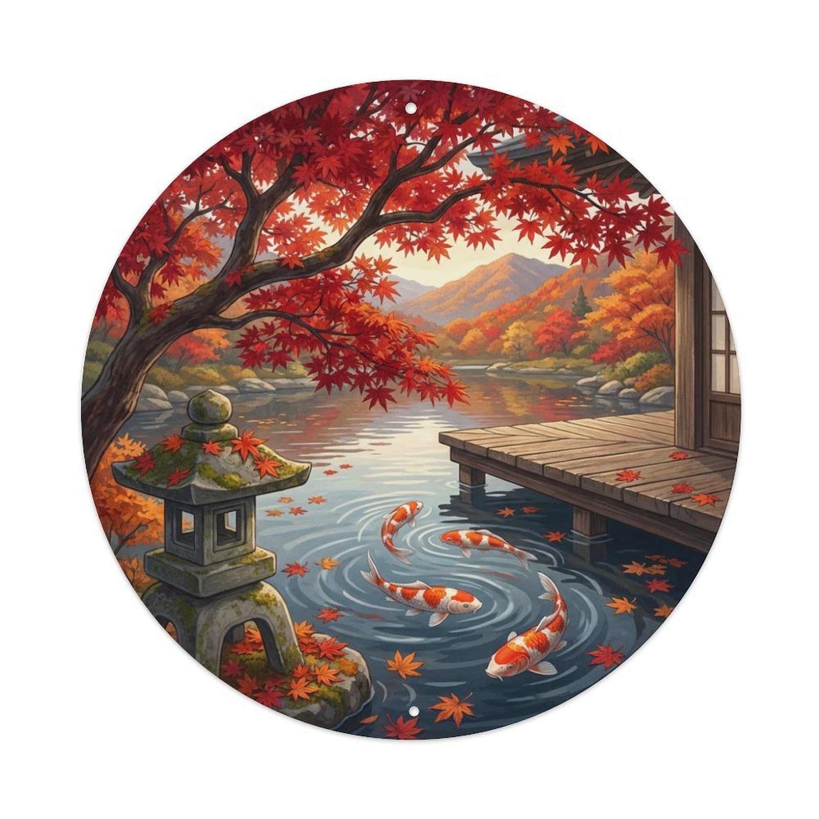 Galvaxio Style Japanese Maple Tree Koi Fish Autumn Serenity Metal Tin Sign