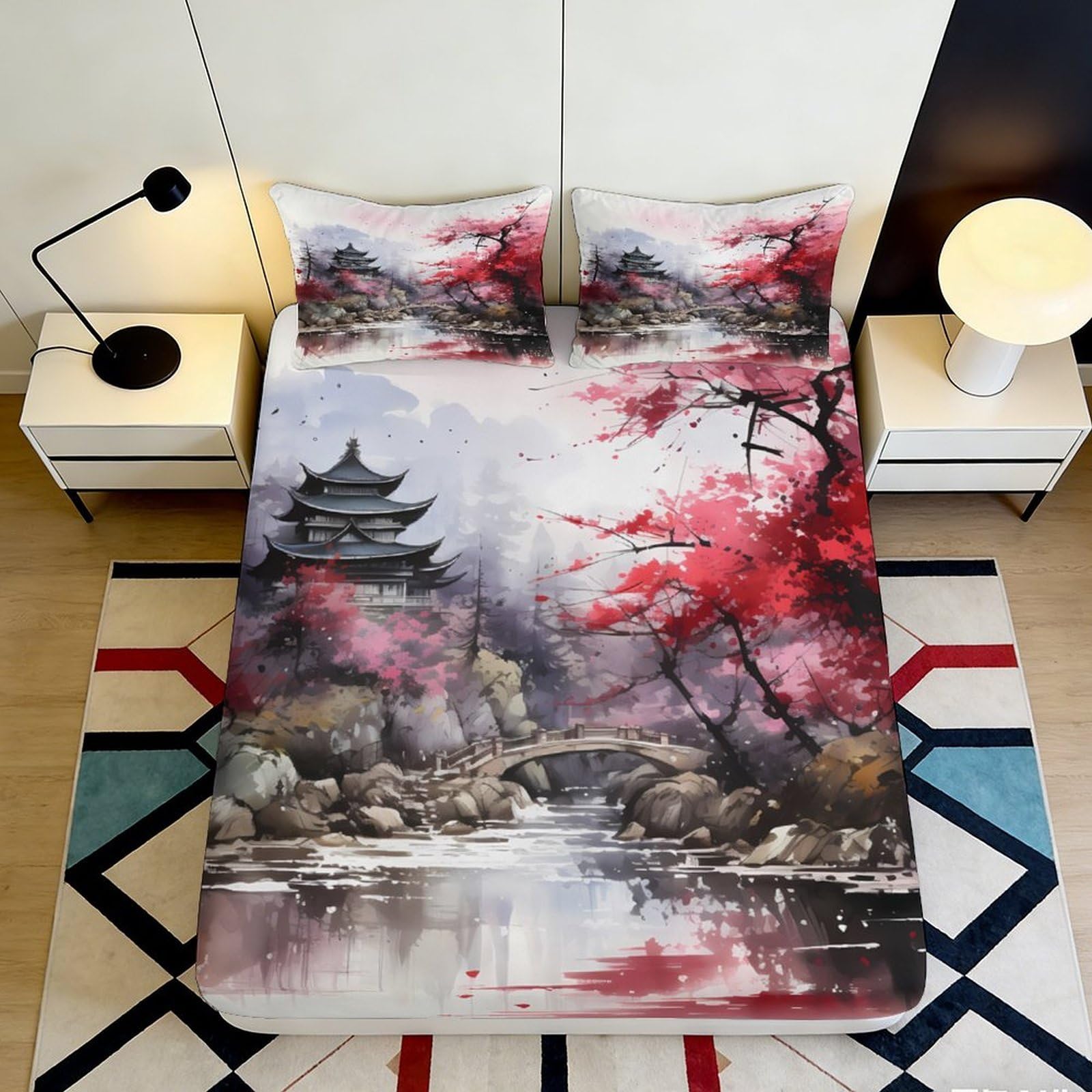 3D Printed Japanese Landscape Fitted Sheet Microfiber Soft Breathable Cherry Blossom Bed Sheet for Bedroom Dormitory Guest Room Mattress Protection Decor 200x200x25cm