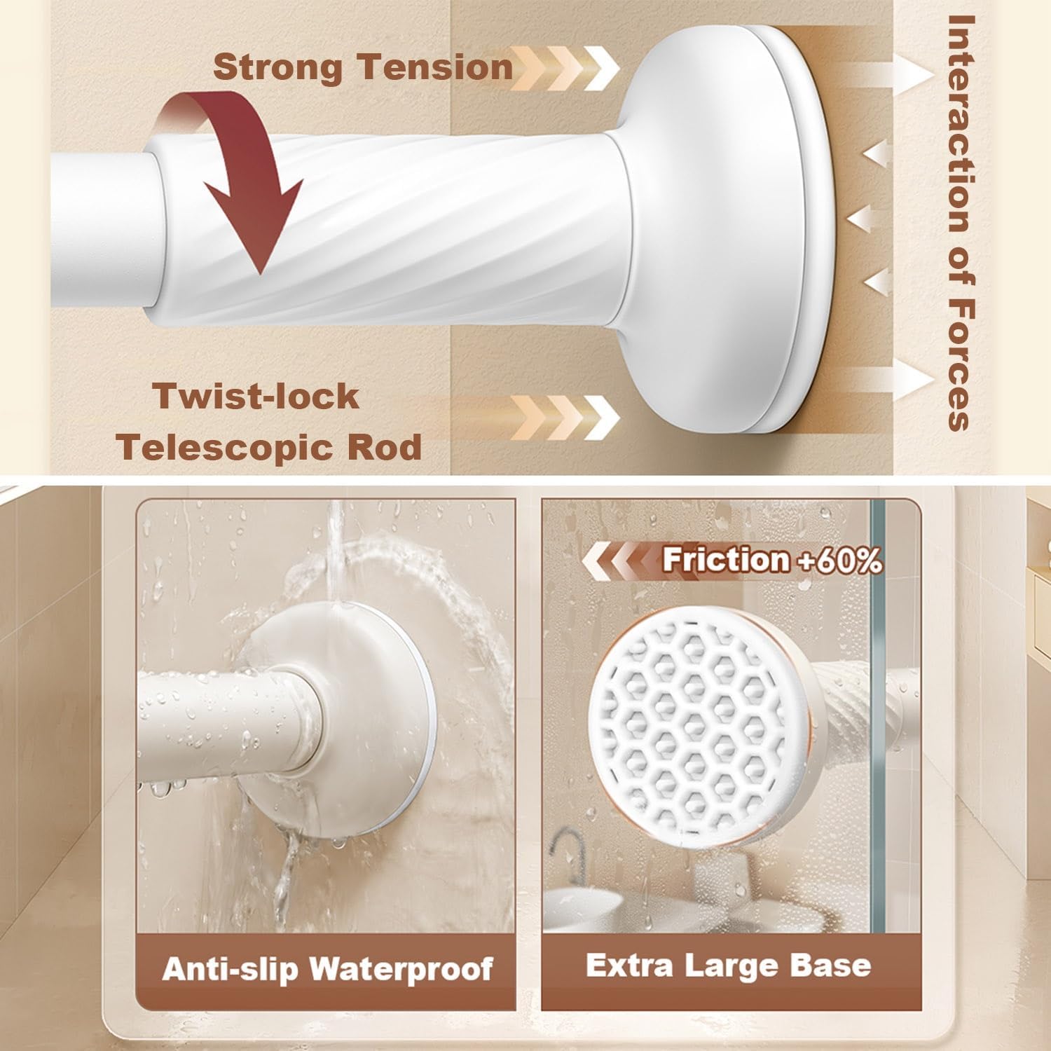 Shower Curtain Rod 28-192 inch Adjustable Tension Curtain Rod No Drilling Telescoping Rod, Diameter 1inch, for Bathroom Windows Closet Rods, No Rust(Cream,70-120cm(28-47in))