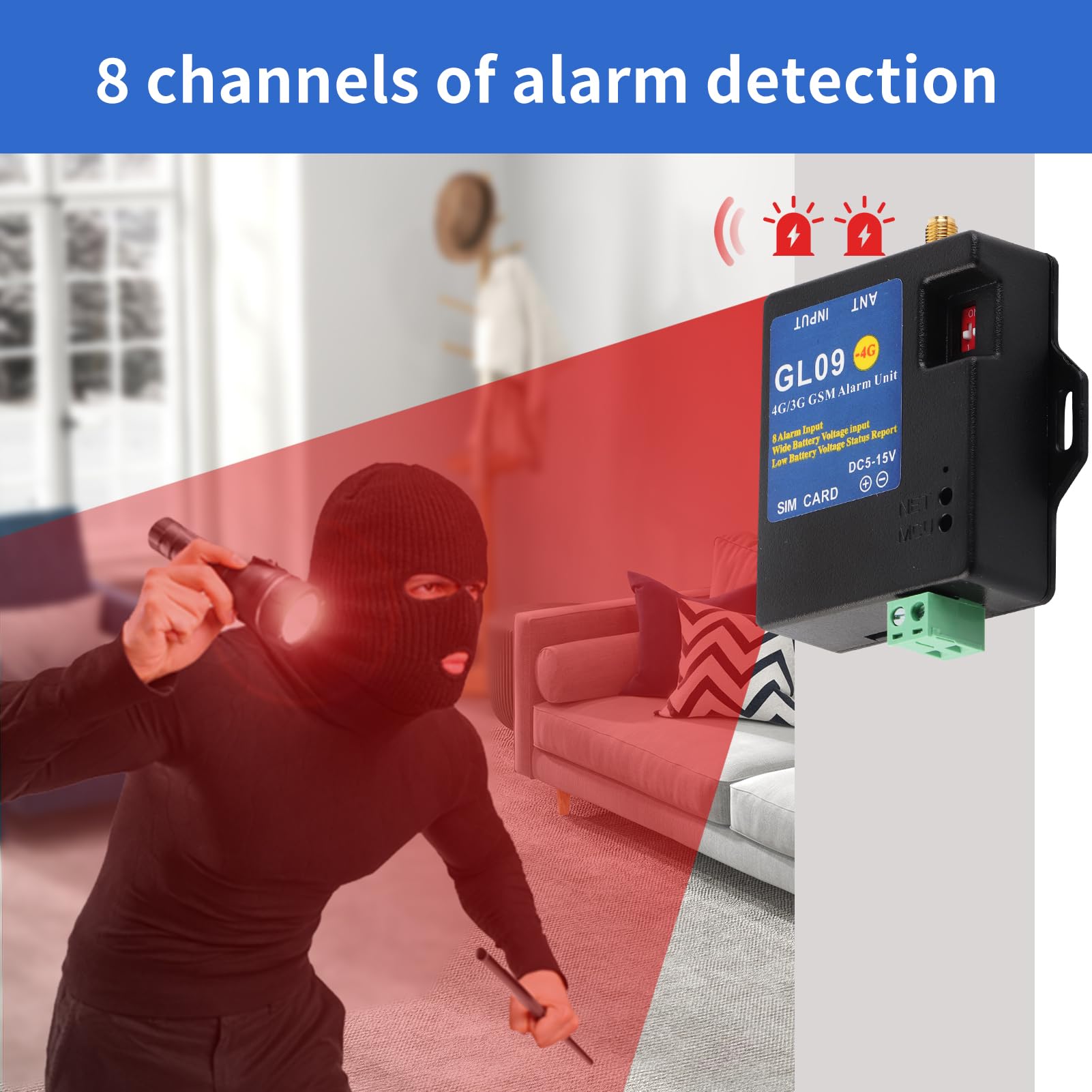 4G/3G/GSM Alarmanlagen Kit Alarm Sicherheitssystem Alarmierungsmodul 8-Kanal-Eingang Geringer Verbrauch Sicherheitsalarm für Haus- und Lagersicherheit(EU Frequency-Schwarz)