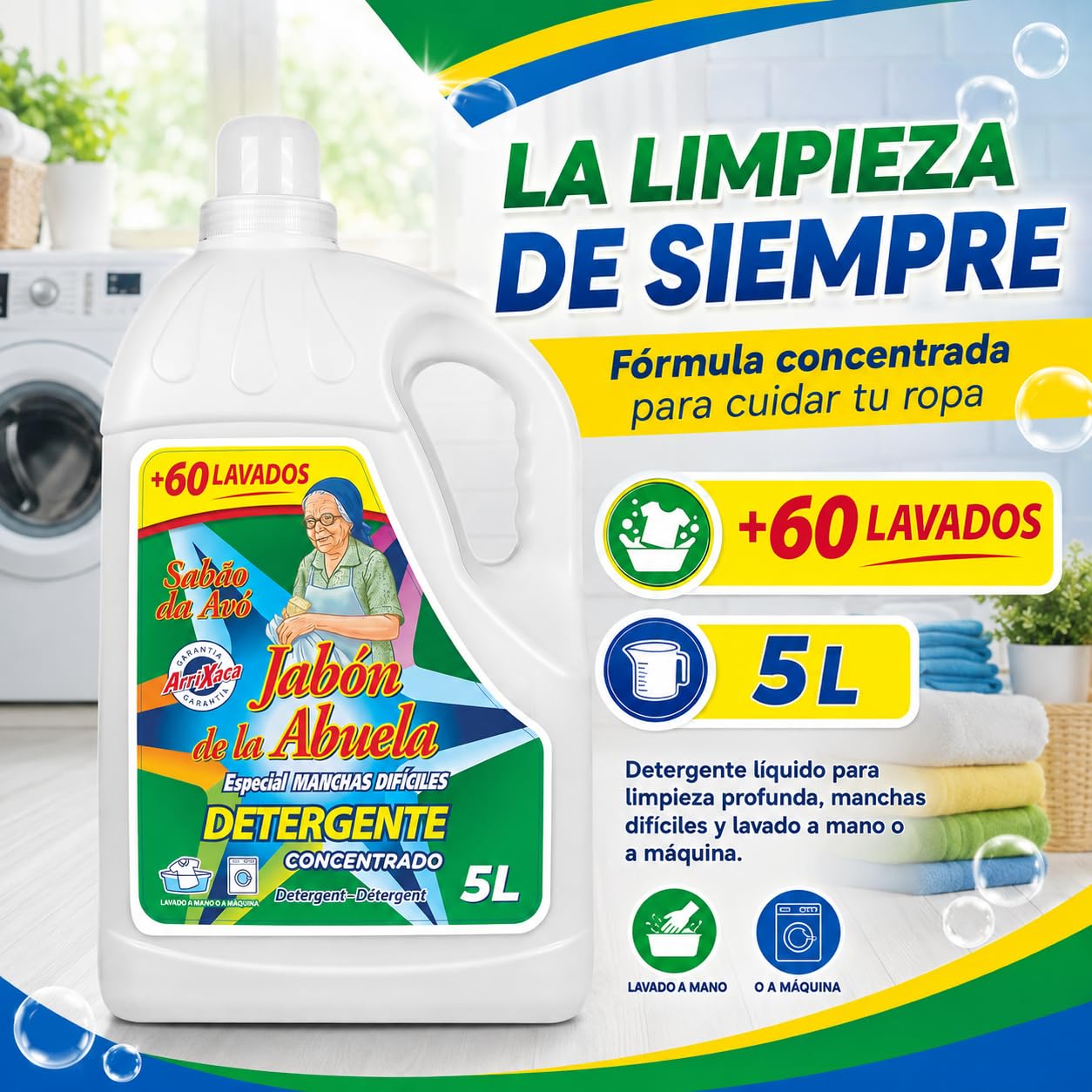 Detergente Líquido Concentrado para Lavadora 20 Litros, Especial contra Manchas Difíciles, más de 60 Lavados Garantizados