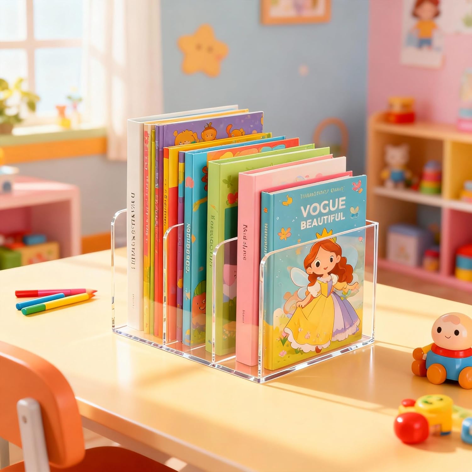 SEANADO Clear Acrylic Magazine File Holder with 3 Vertical Compartments Desk Organizer Book Rack for Home Office Desk Sorter Paper Folder Stand Bookshelf