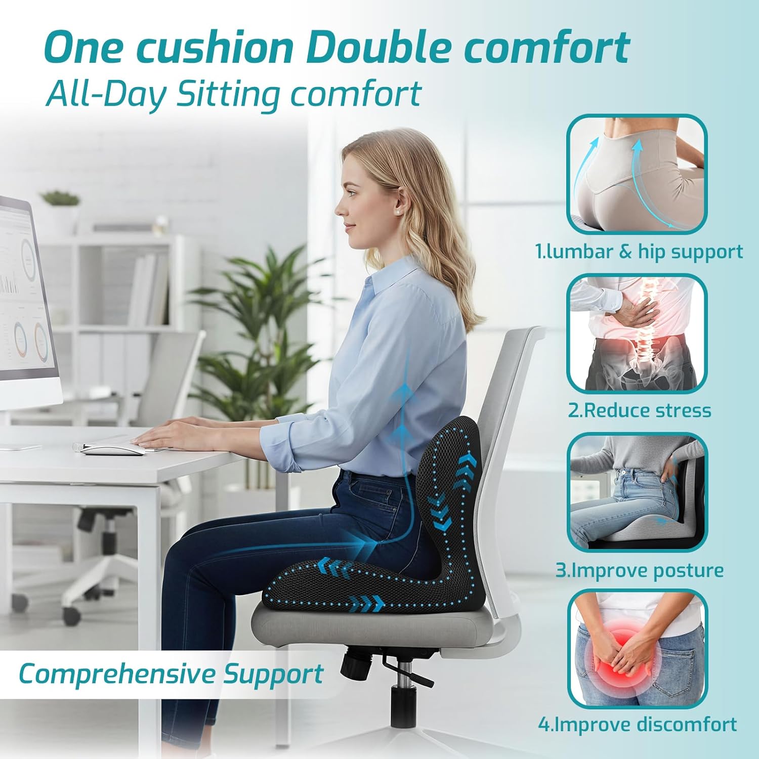 Ergonomic Seat Cushion,Office Chair Cushion with Lumbar Support Pillow,Car Orthopedic Seat Cushions,Designed for Sciatica,Tailbone,Back Pain Relief,for Office,Car,Truck,Home,Desk Chair