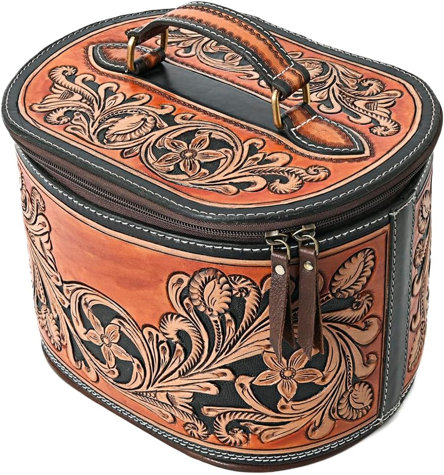 American Darling Genuine Leather Jewelry Case Women Floral Hand Tooled Organizer YKK Zipper Full Grain