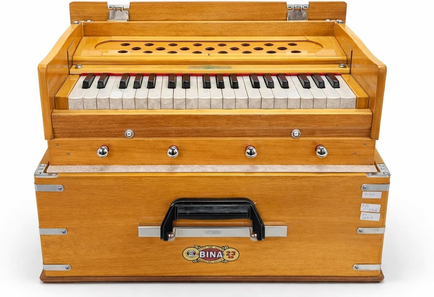 BINA Harmonium Traveler, Portable Folding with 4 Stops, 2½ Octaves, Teak, Wood, 18 x 12 x 7 Inches, 8 KG, Bass-Male Reed, 440 Hz, with Coupler and Gig Bag, Harmonium BINA no. 23B Dx