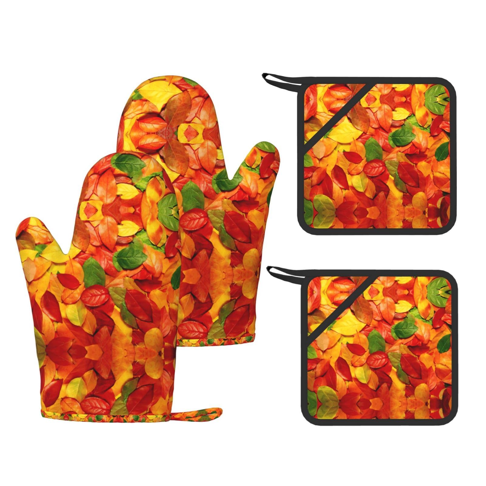 Leaf Fashion Printed Kitchen Kit with Heat Resistant Oven Mitts & Non-Slip Hot Pads for Baking