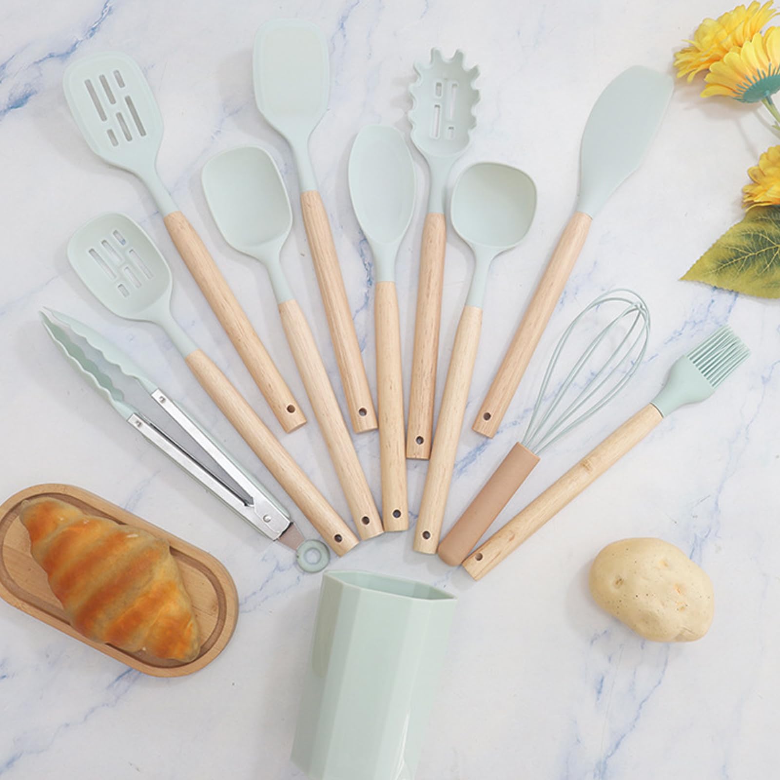 Set di utensili da cucina con manico ergonomico Materiali in silicone fino a 200 ° C Strumento di cottura sicuro per uso domestico Spatola con manico ergonomico