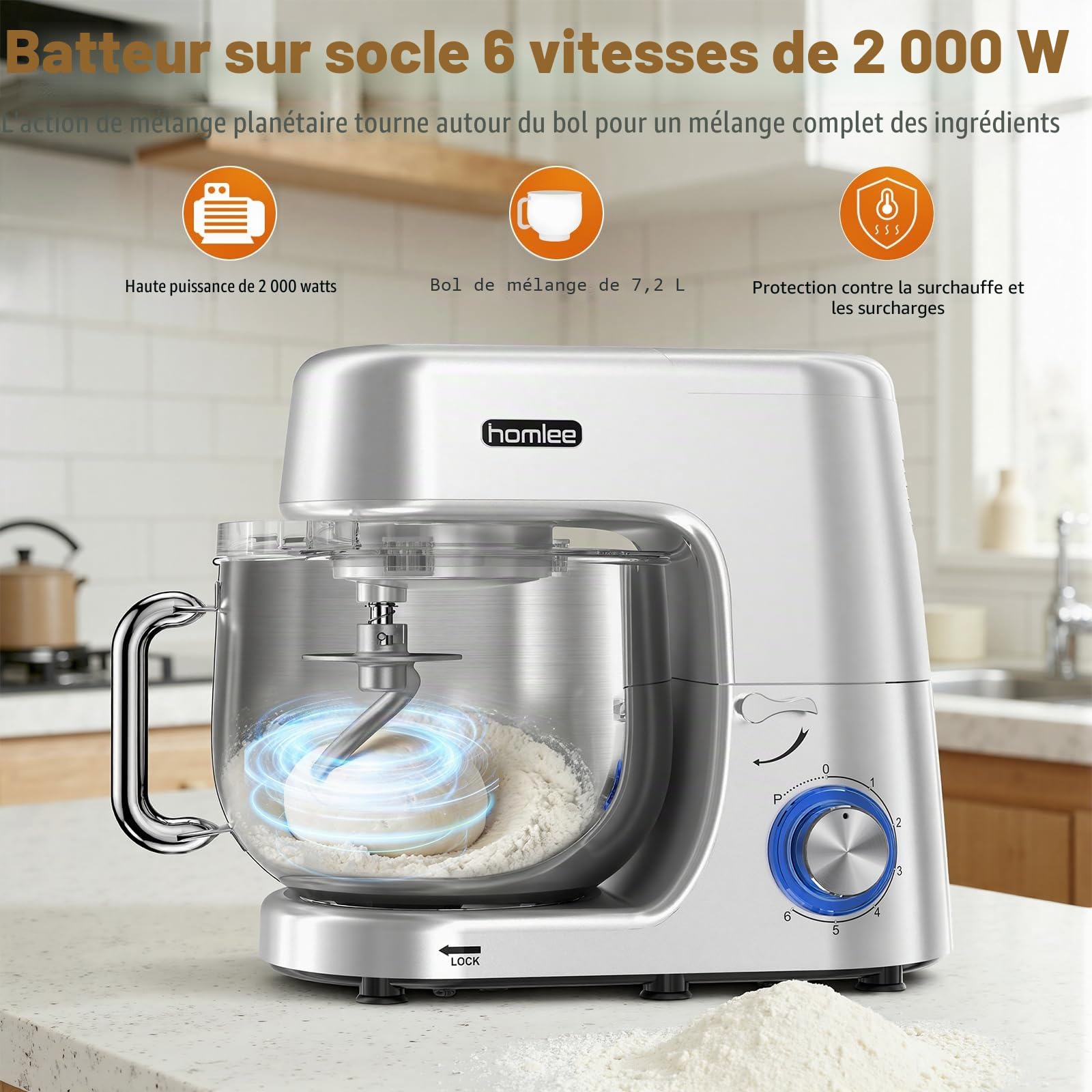 Homlee Robot Patissier,2000 W Robot Pâtissier 7.2L Robot Pétrin Professionnel,Bol Acier Inoxydable,Fouet,Batteur,Crochet,Pare-éclaboussures 6+P Vitesses