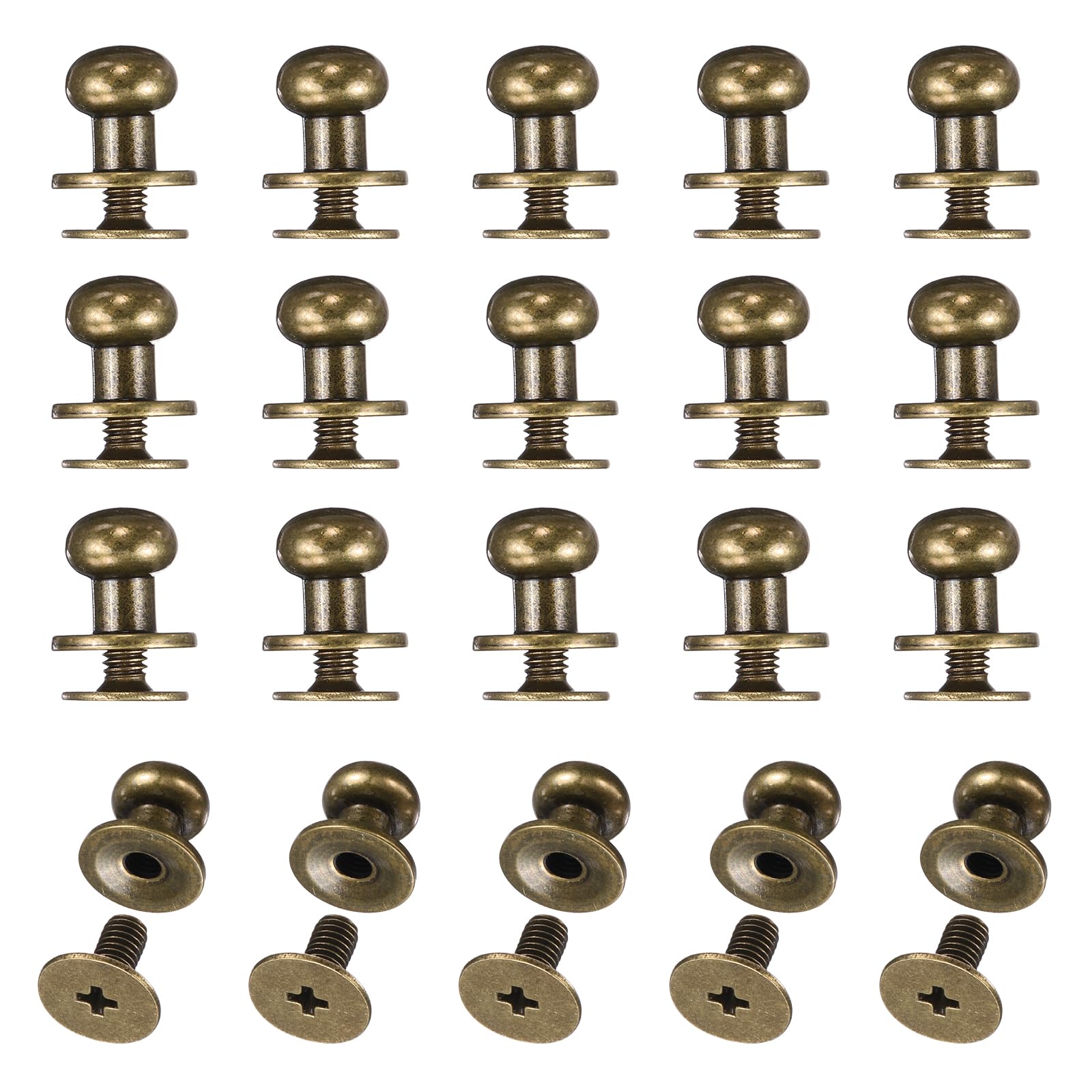 sourcing map 20set Round Head Button Stud Screw 7mm Brass Chicago Screws Button Stud Rivets for Leather DIY Craft Leather Belt Wallet Handbag Repairs Decoration, Bronze