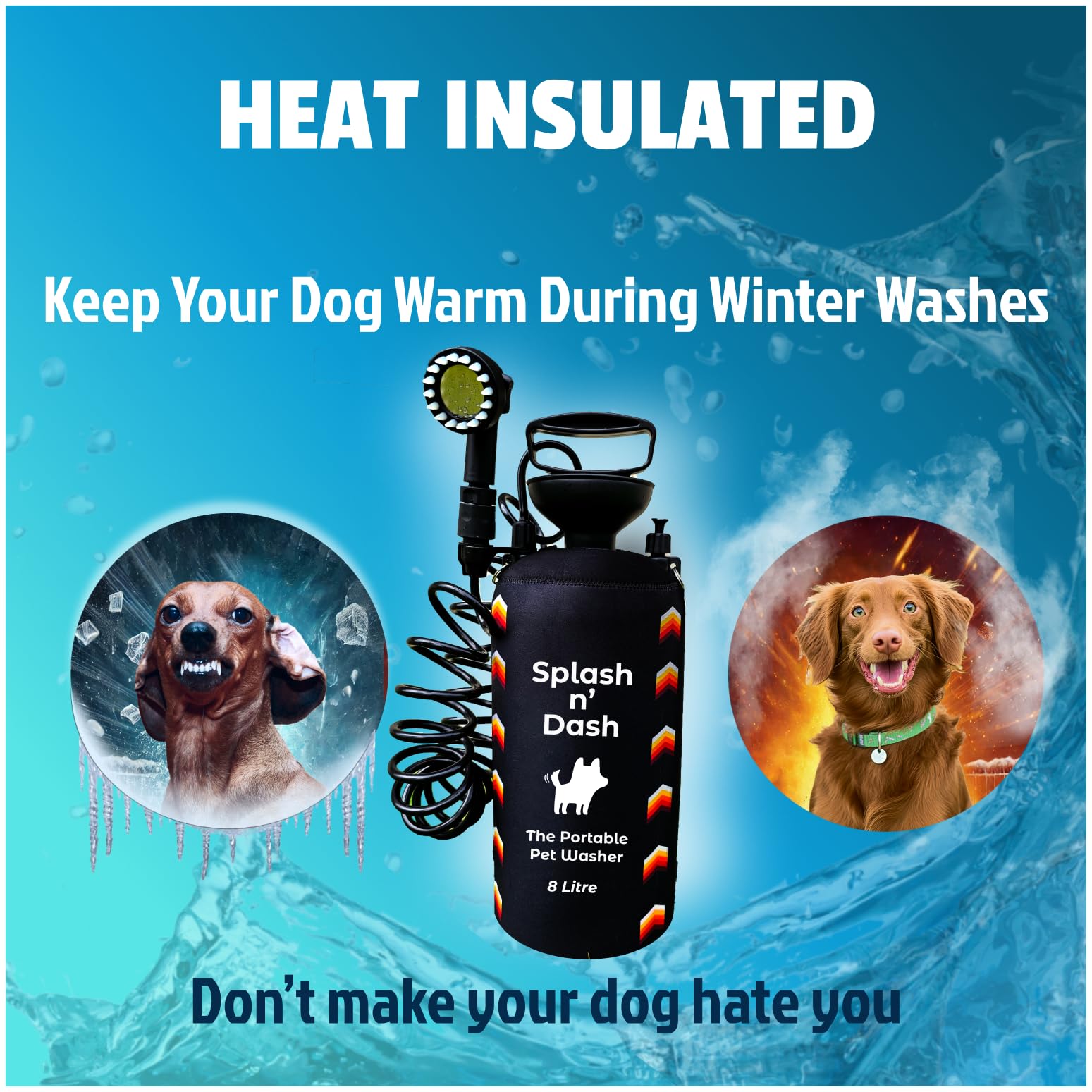 Splash n' Dash 8 Liter tragbare Hundedusche - Manuelles Duschset mit Bürstenkopf & Neoprenmantel - Tragbare Hundewaschanlage für Zuhause, Reisen oder Outdoor