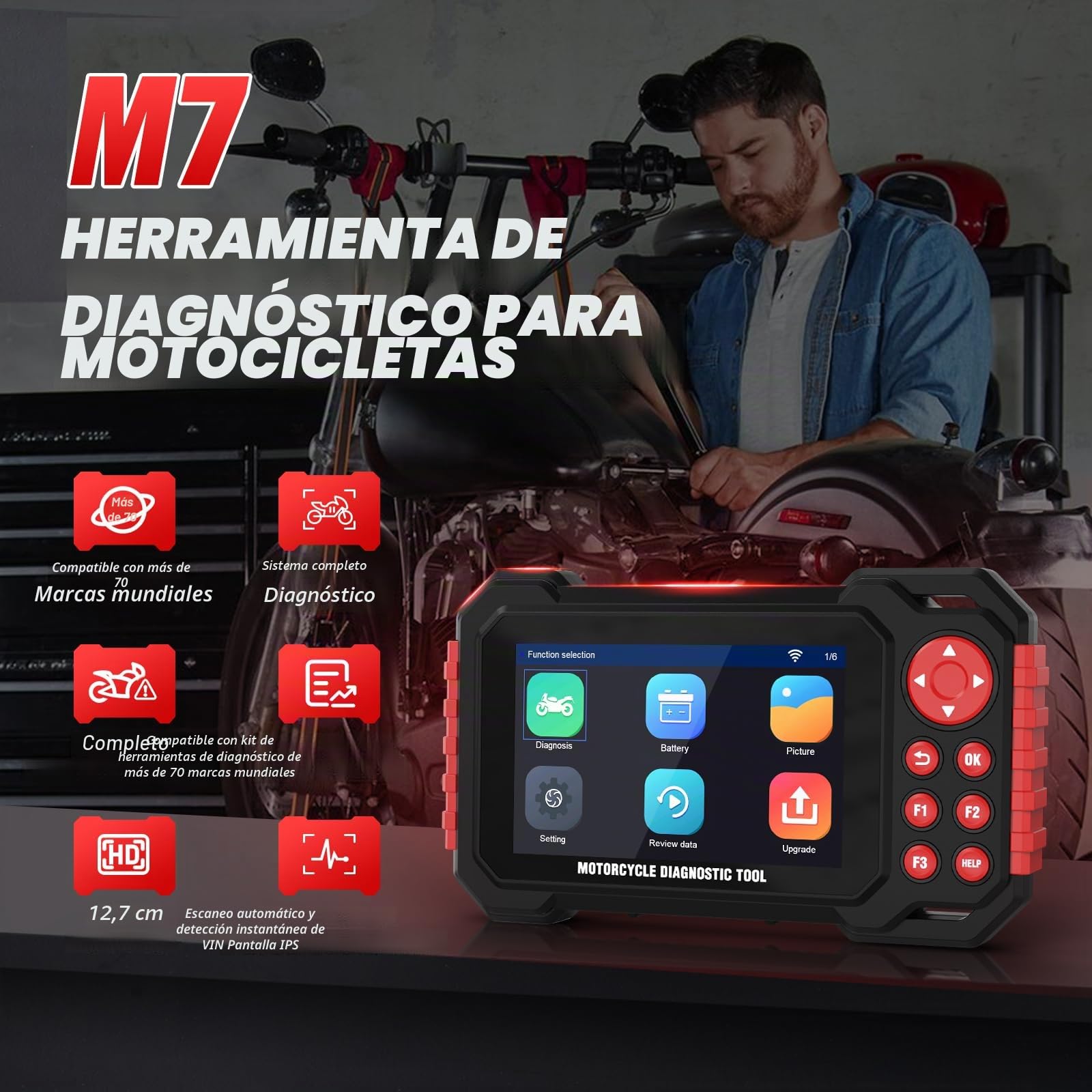 Herramienta de Diagnóstico para Motocicletas M7, Lector de Códigos OBDII para Moto Sistema ABS con Escaneo Automático y Detección Instantánea de Vin para 70+ Marcas 100+ Funciones de Servicio