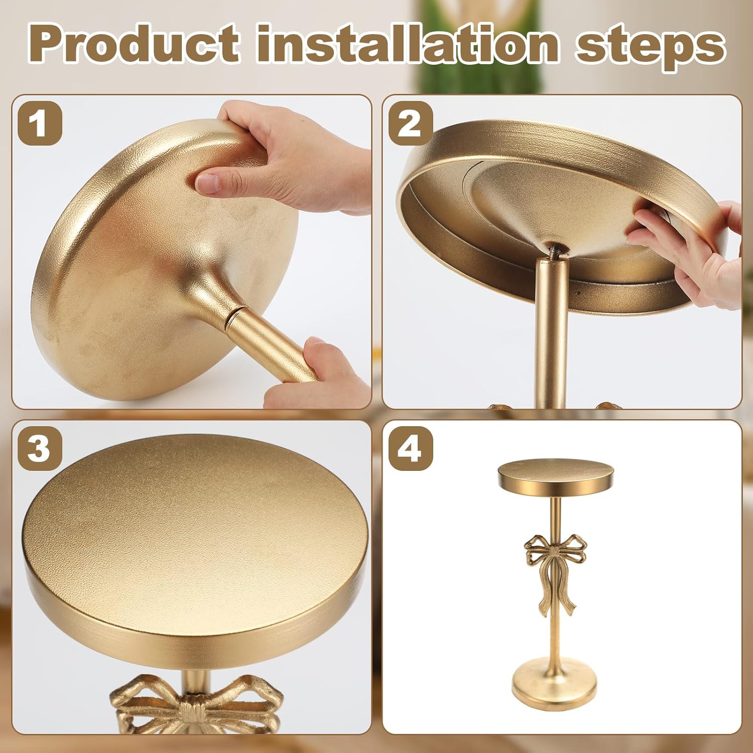 Gold Metal Martini Drink Table 9''x19.5'' Bow Pedestal Side Table Round Martini End Desk Small Cocktail Drink Stand for Small Spaces Nightstand Bedroom Couch Chair Vintage Decor