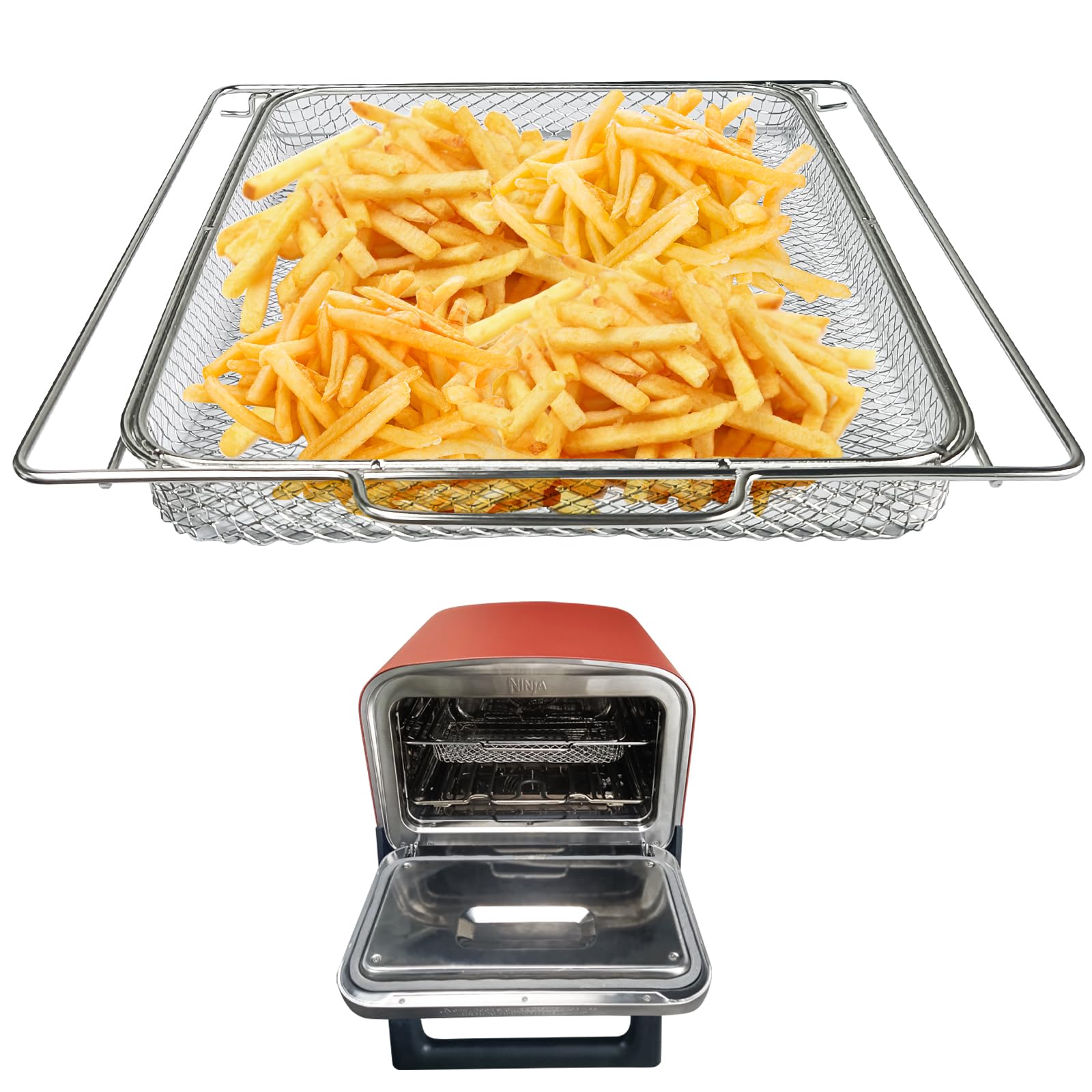 Air Fryer Basket for Ninja Woodfire Outdoor Pizza Oven,BBQCuker 13.4“ x 13“ Stainless Steel Mesh Basket for Pizza Oven, Air Fryer Basket Replacement, Dishwasher Safe, Silver, 2024052702