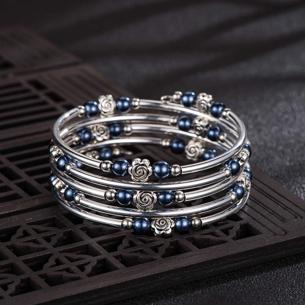 BULINLIN Wrap Bangle Rose Bead Bracelet - Beaded Bracelet with Natural Agate Stone Gifts For Women - Image 5
