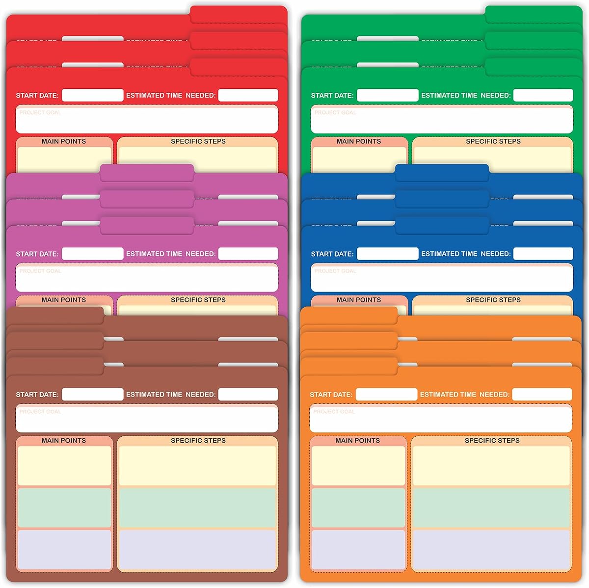 60 Project File Folders, Letter Size Manila File Jackets | Preprinted job tracking folders with 1/3 cut tabs, assorted colors and thin paper for office filing