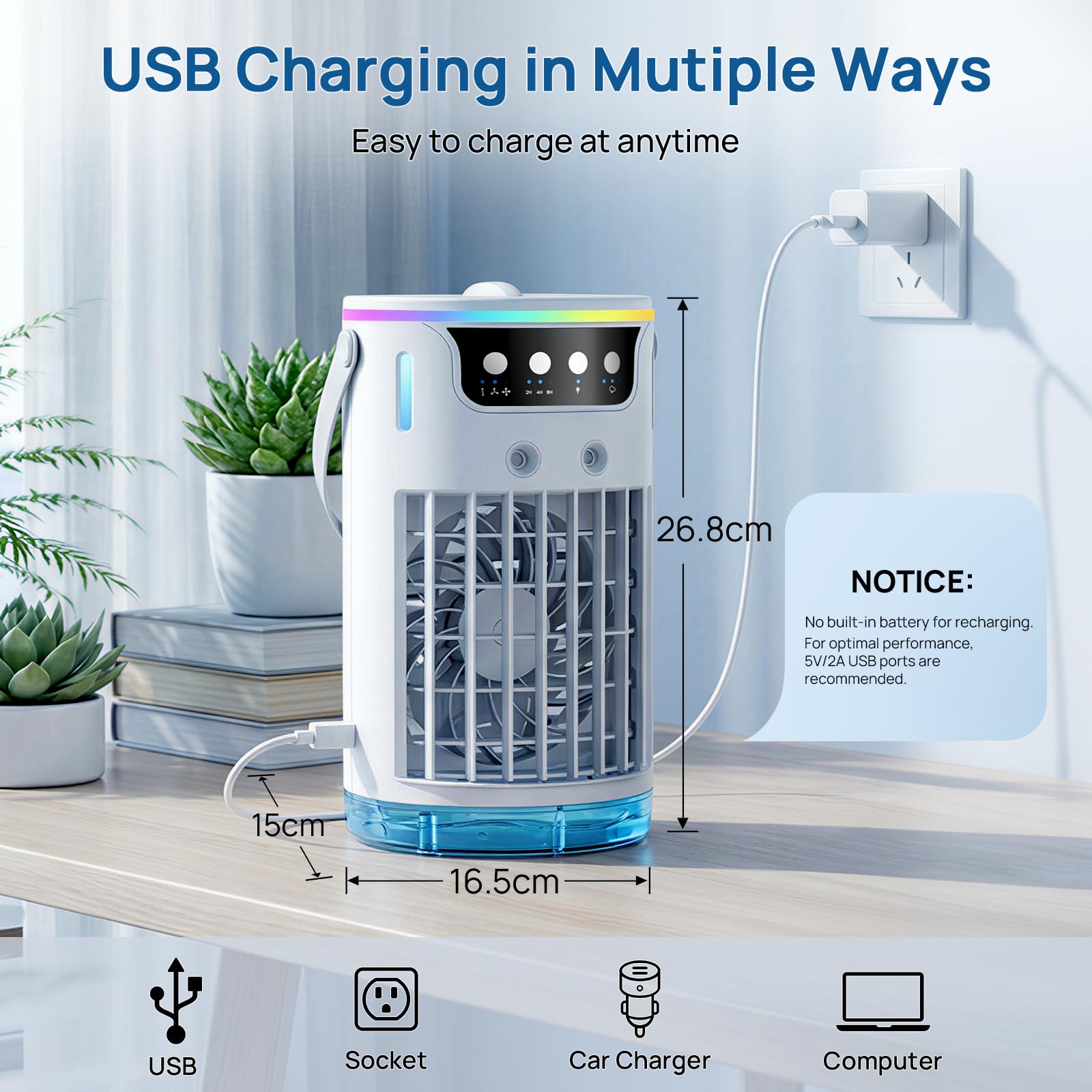 Przenośny klimatyzator, USB 4 w 1, mały klimatyzator z mgiełką chłodzącą lodem, do sypialni, biurka, 1200 ml, mini ewaporacyjne ochładzacze powietrza z timerem 2-8H, 3 prędkości, 7 kolorów, lampka