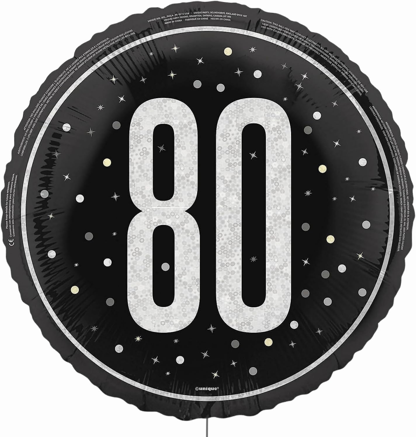 Glitzy 80th Birthday Party 18" Black, Silver & Gold Mylar Balloon