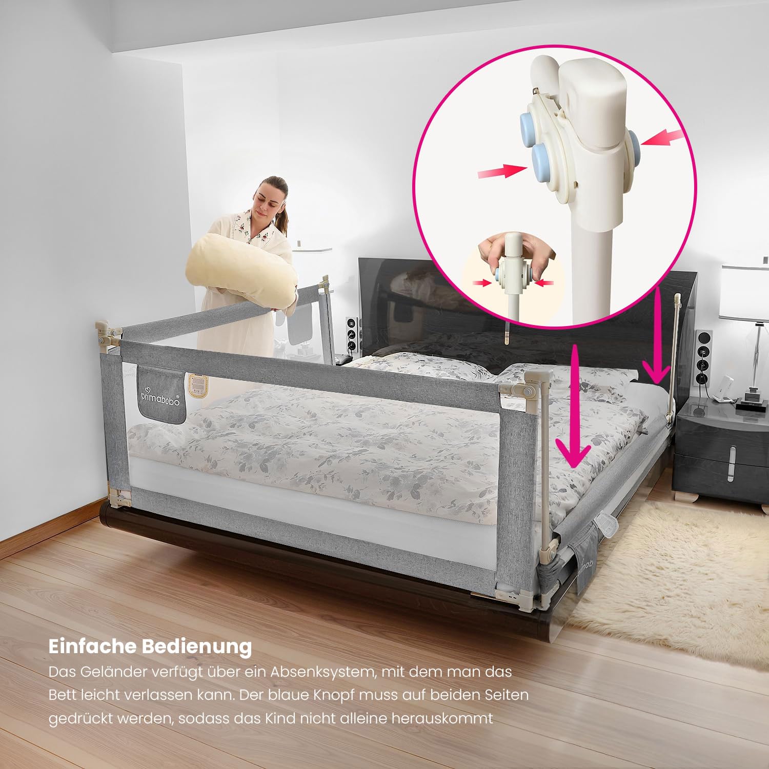 Primabobo Bettschutzgitter 160 cm – Rausfallschutz Kinderbett, höhenverstellbar, extra stabil (1.1 mm Stahl), klappbar & kindersicher, Bettgitter für Kleinkinder – Hellgrau