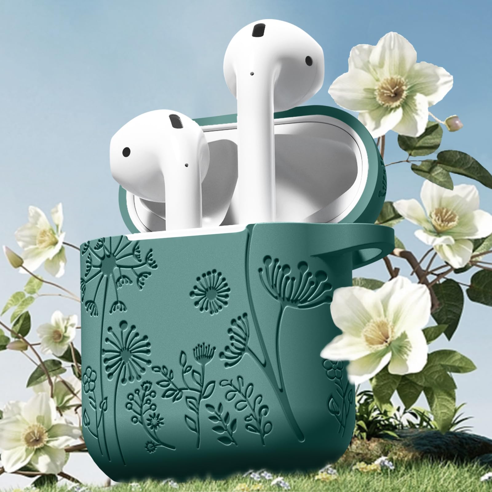 Maledan Coque AirPods 1/2 Génération Motif Fleur Gravé - Silicone Souple Antichoc Avec Mousqueton - LED Visible - Pour Femme