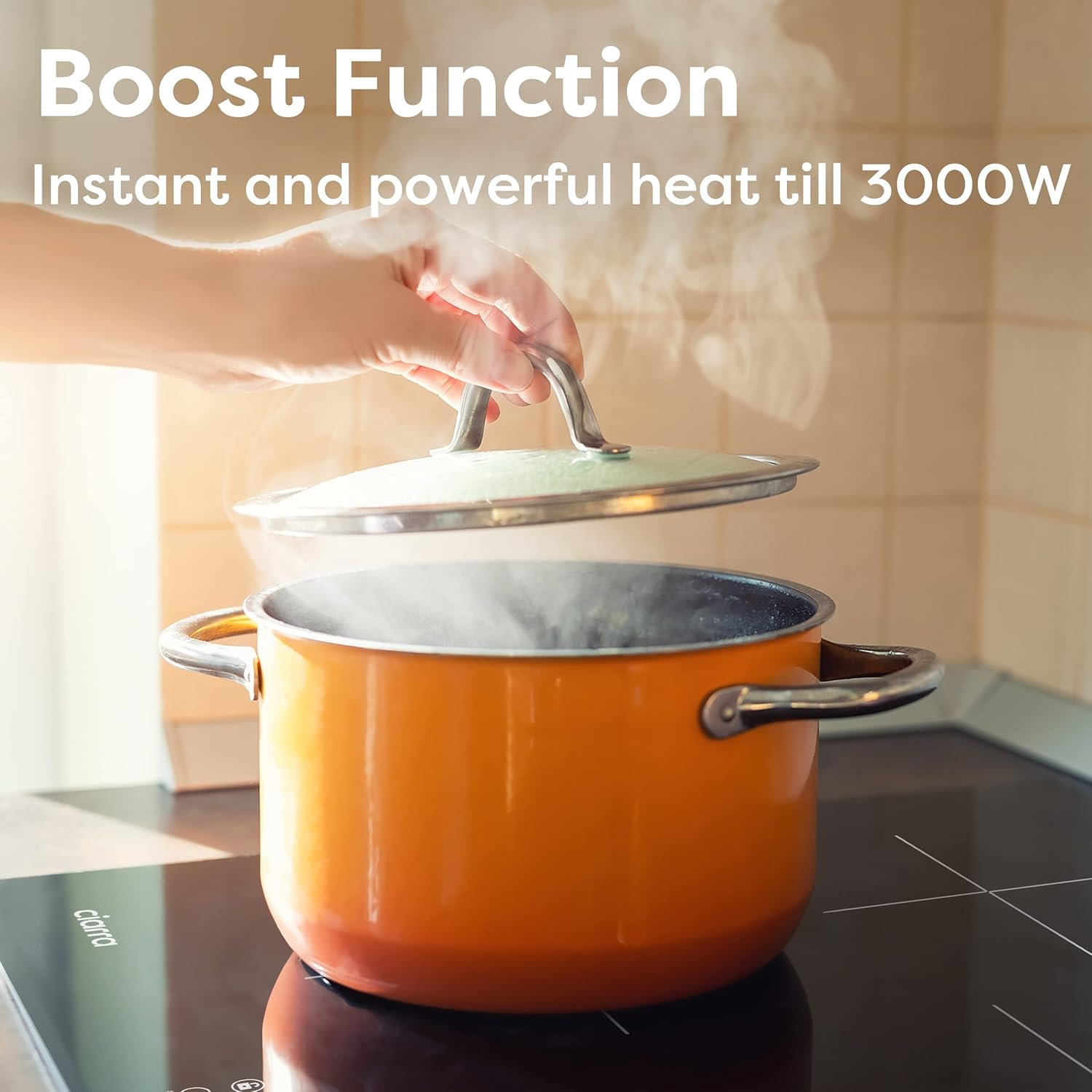 CIARRA CBBIH3B Piano Cottura a Induzione 3 Fuochi 6200W con Funzione Booster Controllo tattile timer Vetroceramico 9 Livelli Blocco Bambini Nero