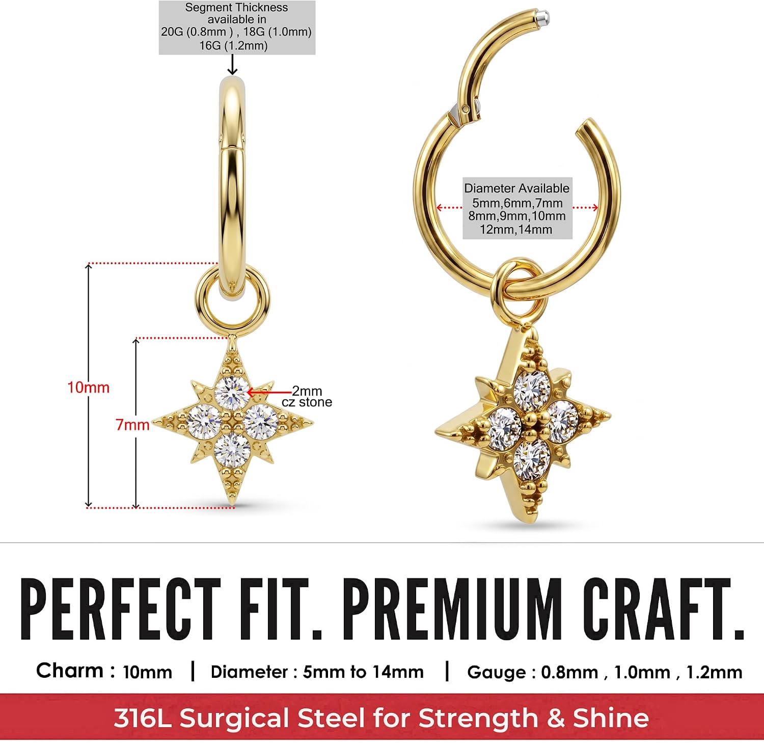 Sparkling Star with Cz Stones Charm Dangle on 316L Surgical Steel 20G, 18G, 16G Hinged Clicker Segment Ring Body Piercing Jewelry (Quantity 1 Piece)