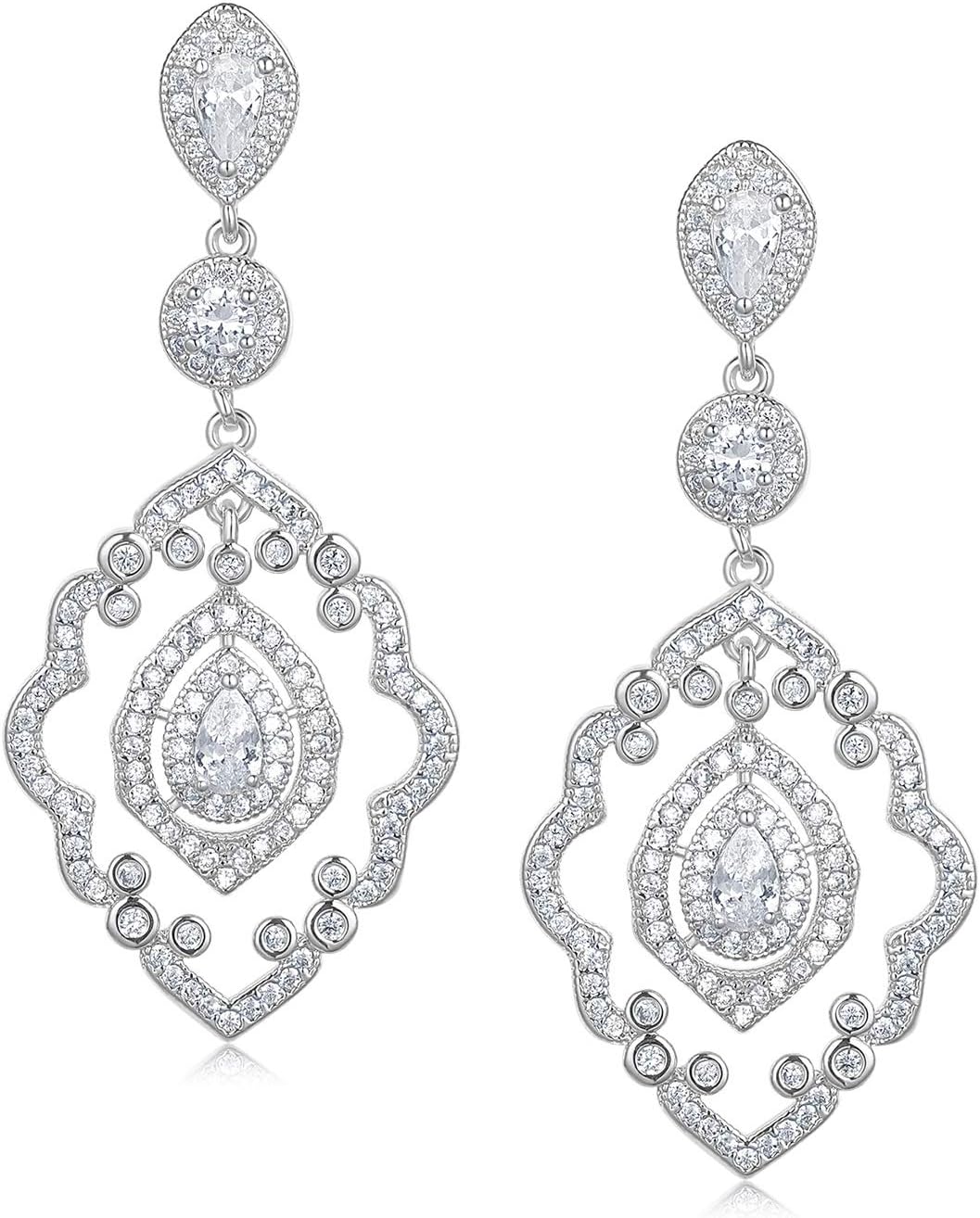 SWEETV Chandelier Wedding Earrings Rose Gold Bridal Earrings for Women Brides-Art Deco Drop Dangle Earrings