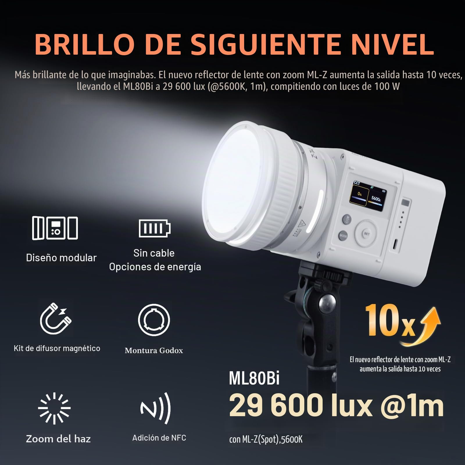 GODOX ML80Bi - Luz LED de Video con batería Bicolor 2800-6500K CRI/TLCI 96+, Sistema magnético de Montaje rápido, 11 Efectos FX, atenuación 0-100% para luz de videorgrafía para vlogging y filmación