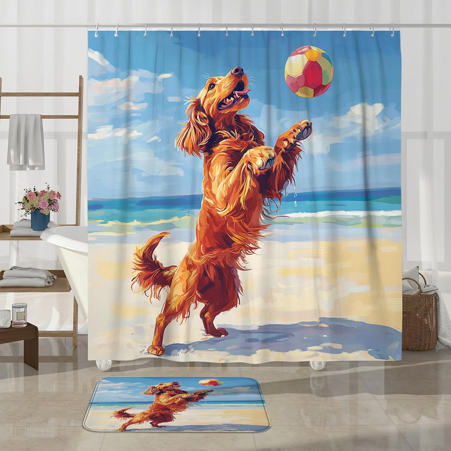 4PCS Irish Setter Dog Bathroom Accessory Sets with Non-Slip Rug, U Shape and Toilet Lid Cover Mat, Funny Puppy Animal Beach Cartoon Kids Bathroom Decorative-72''x72''