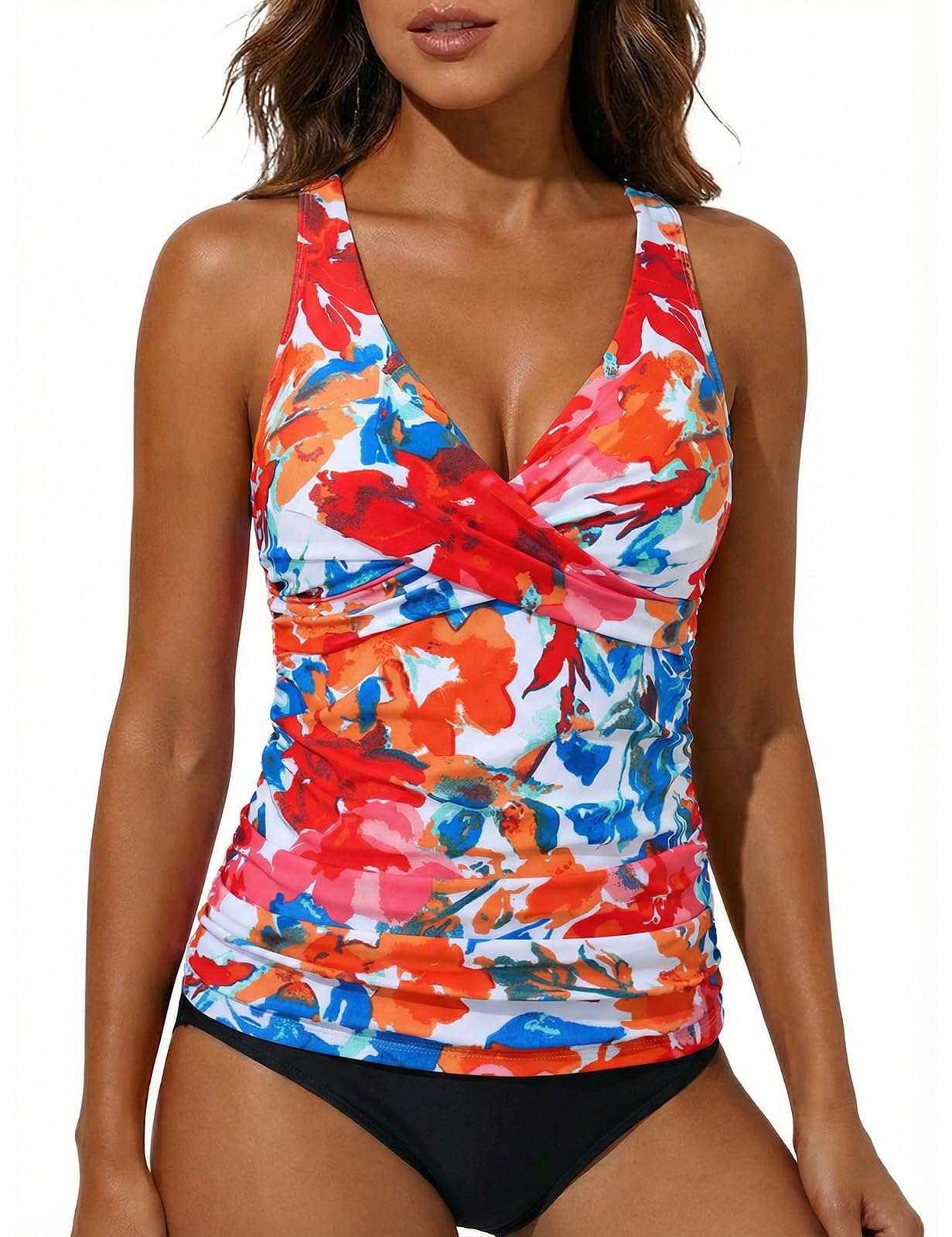 Hilor Maillot de bain tankini à armatures pour femme - Haut de bain sexy avec col en V croisé