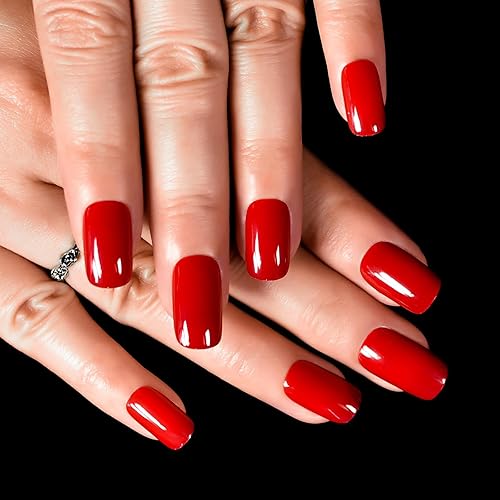 iMABC Golssy - Uñas postizas a presión de color rojo brillante chino, uñas postizas cuadradas medias-cortas, gel sólido, decoración acrílica, regalo