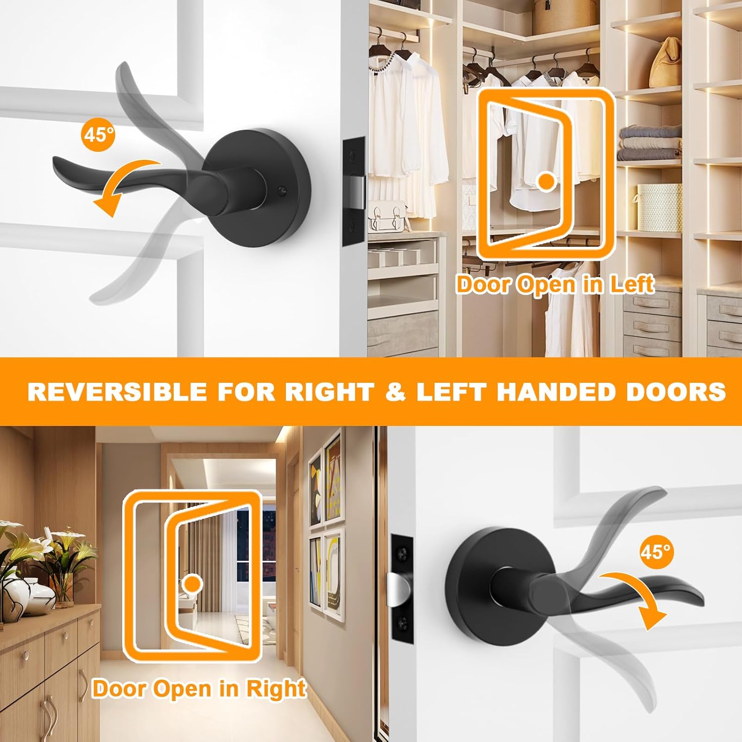 Passage Door Levers, 2 Pack Matte Black Door Handles Interior for Hallway and Closet, Heavy Duty Round Non-Locking Door Levers Set, Reversible Wave Style Levers for Right & Left Sided Door