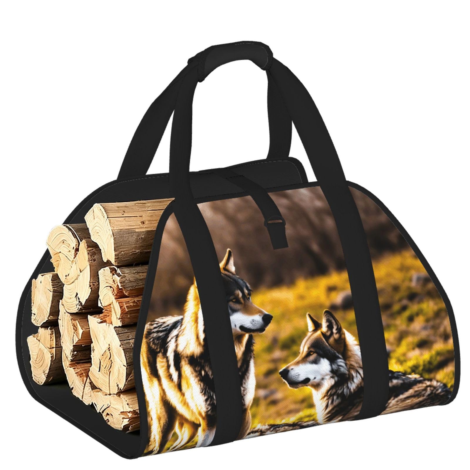 Pphgut Black Wolfs Print Firewood Bag Wood Carrier Transport Sack Camping Picnic Storage Daily Home