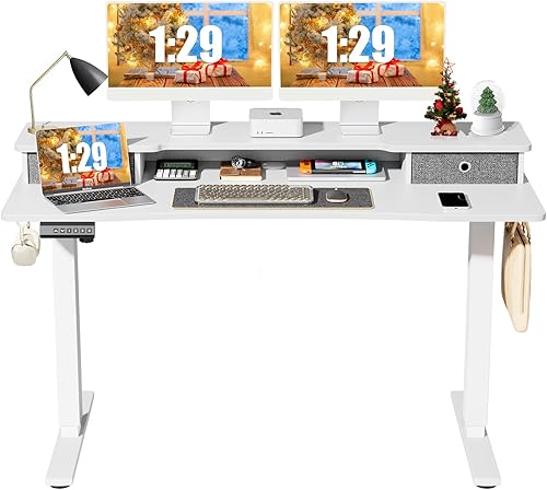 Sweetcrispy Escritorio eléctrico de pie de altura ajustable con cajones, escritorio de pie de 55 x 24 pulgadas, ergonómico para oficina en casa,