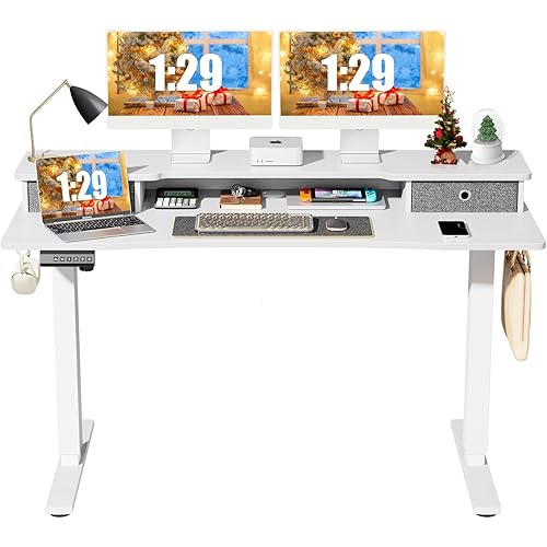 Sweetcrispy Height Sit Electric Drawers, 55 x 24 inch Adjustable Stand, Home Office Computer Work Desk with Storage Shelf, Splice Board, 55''24'', White