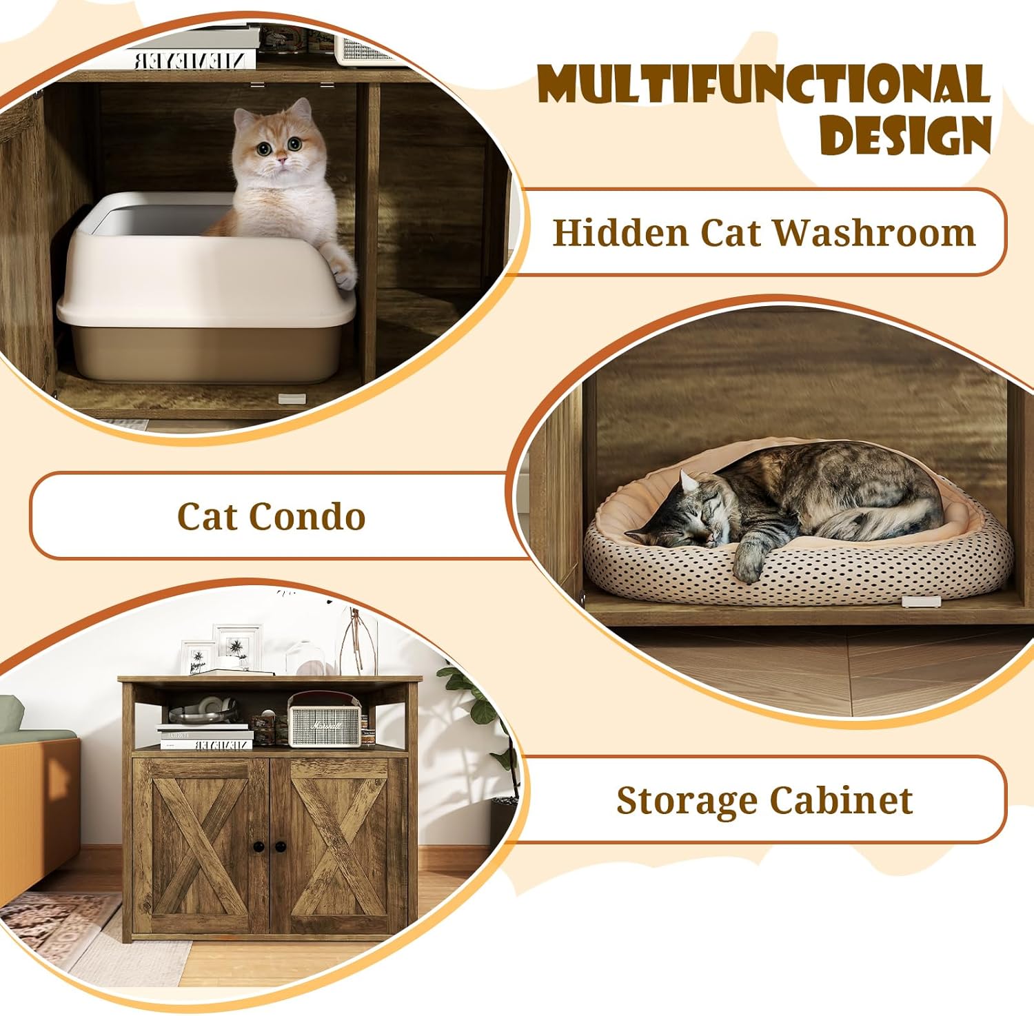 Giantex Cat Litter Box Enclosure - Litter Box Hidden Furniture with Barn Door, Inner Divider, Side Entry, Storage Shelf, Farmhouse Wooden Cat Washroom Pet House, Fit Most of Litter Box, Brown